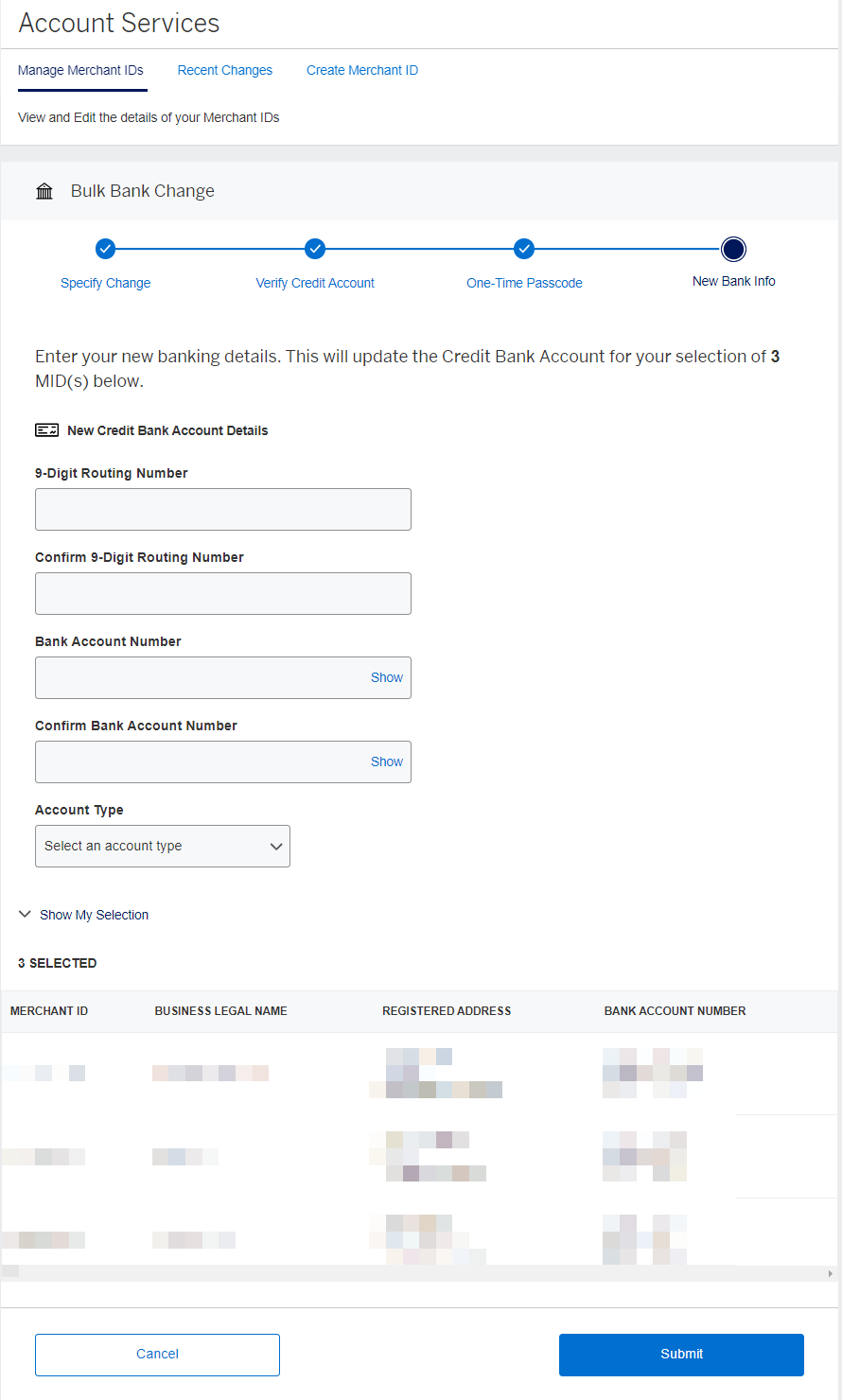 Screenshot of Step 3: Inputting updated Bank Information