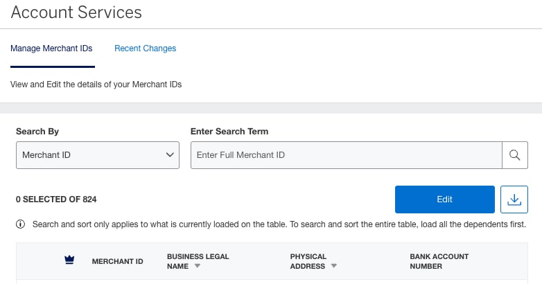 Screenshot of Account Services view