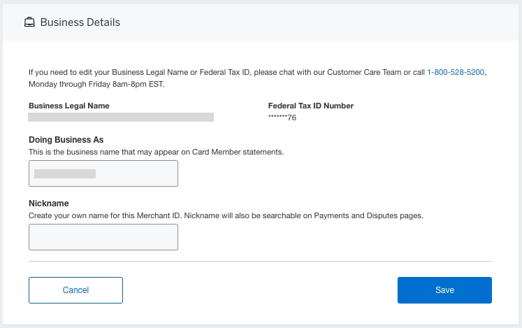 Screenshot of editing Business Information for single MID users