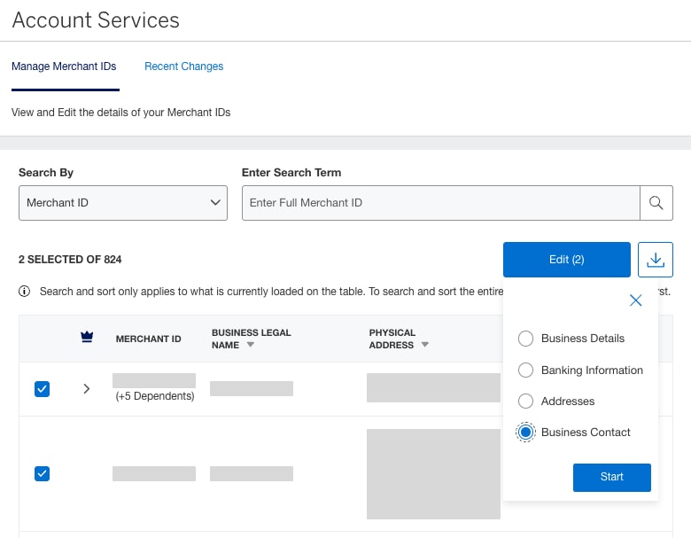 Screenshot of selecting Business Contact from dropdown