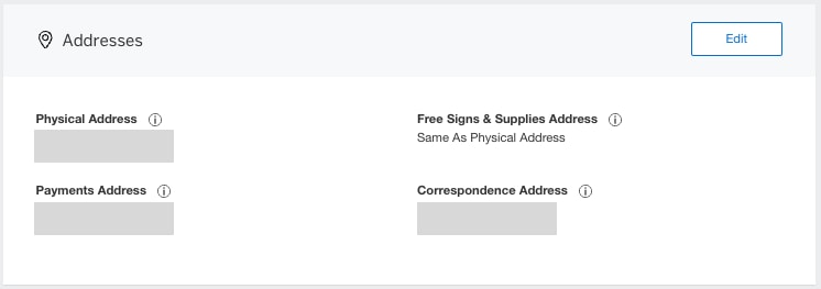 Screenshot of Addresses section in merchant account