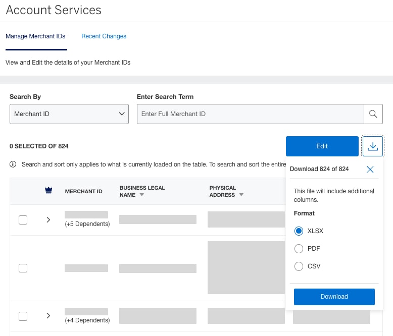 Screenshot of option to print or download account reports as a user with multiple merchant IDs