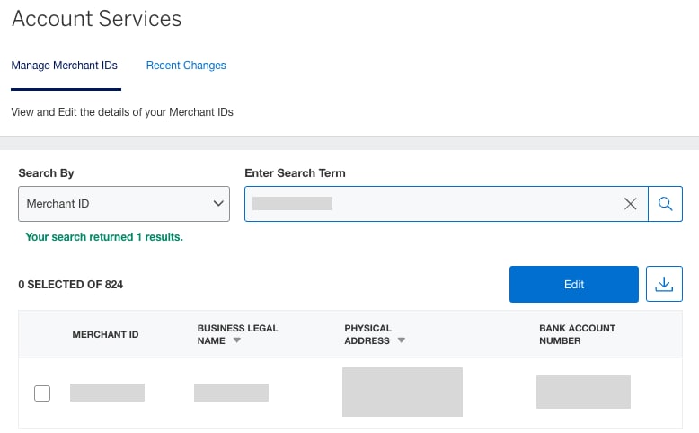 Screenshot of searching for account information as a user with multiple merchant IDs
