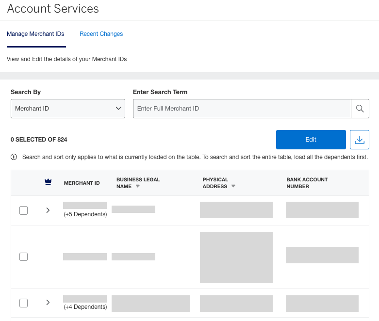 Screenshot of the View/Update tab under Account Services