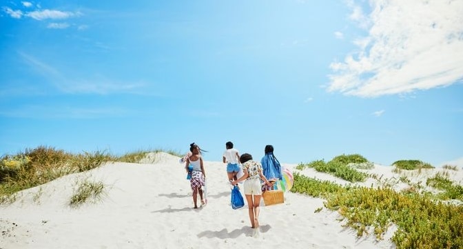 A group of female friends going for a picnic on the beach
