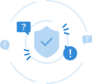 Graphic of a check mark embedded in a security badge surrounded by excalmation and questions marks embedded in chat bubble icons