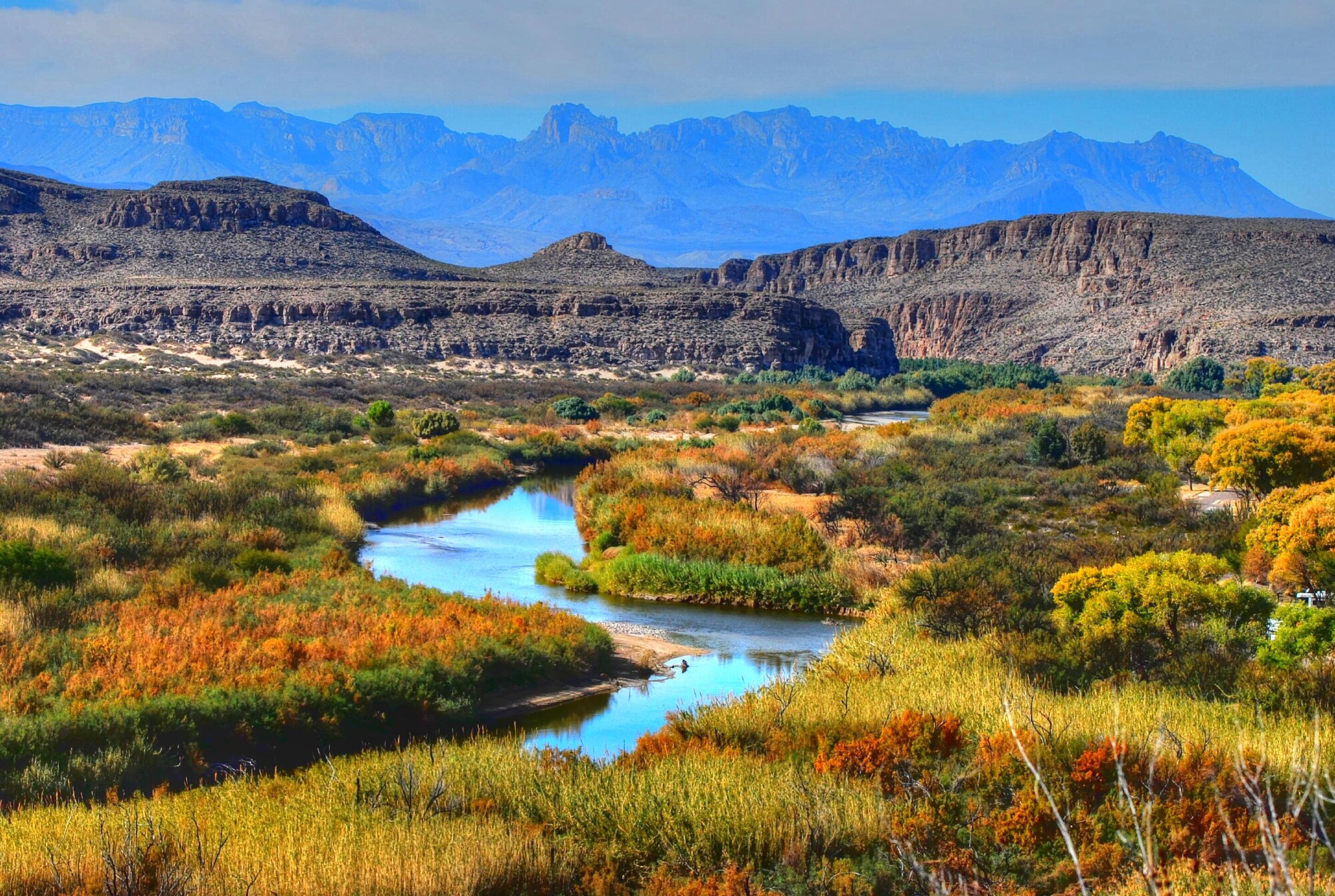 Landschaftspanorama im Big-Bend-Nationalpark mit mäanderndem Fluss in einer herbstlich gefärbten Graslandschaft vor zwei Gebirgsketten.