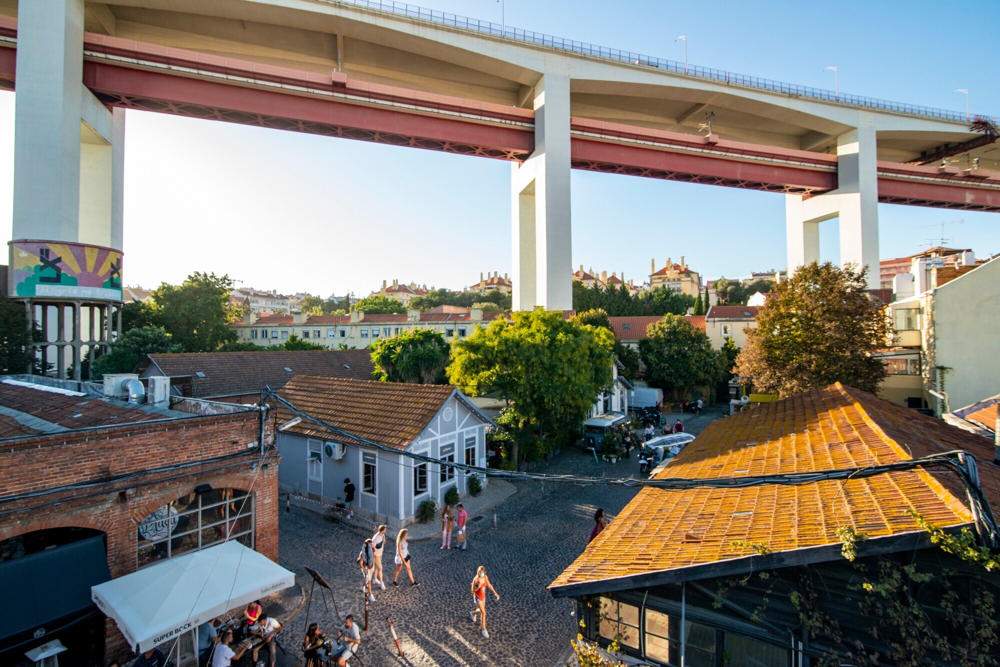Belebtes Industrieviertel mit Geschäften am Fuße einer Brücke.
