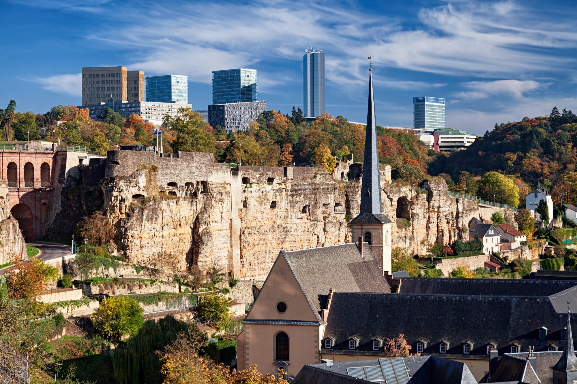 Blick auf die Verteidigungsanlage Kasematten, im Hintergrund Hochhäuser und Bäume Blick auf die Verteidigungsanlage Kasematten, im Hintergrund Hochhäuser und Bäume