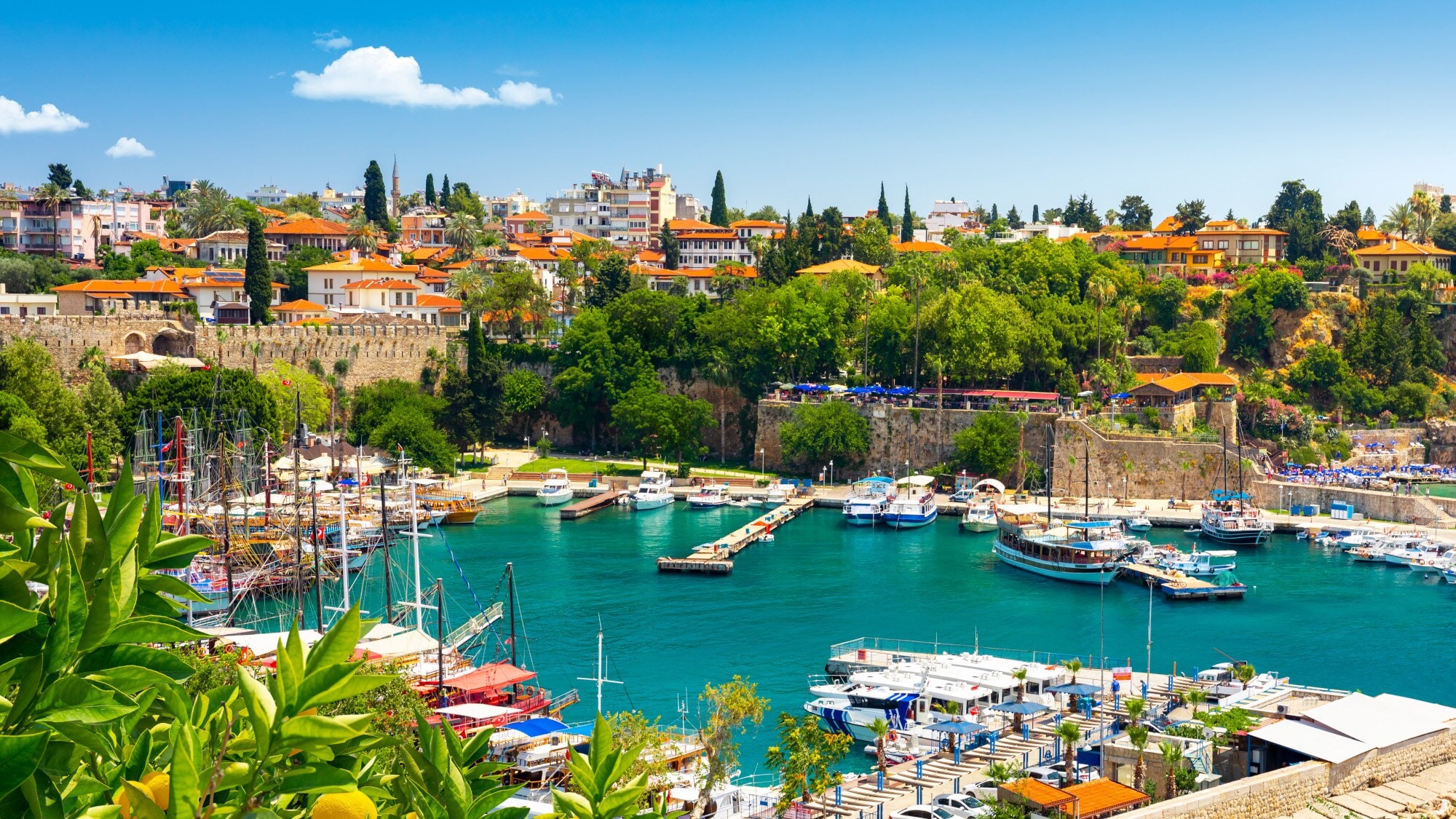 Häuser und Bäume, die auf einer Anhöhe stehen. Darunter liegt ein Hafen, in dem einige Boote unterschiedlicher Größen angelegt haben. Häuser und Bäume, die auf einer Anhöhe stehen. Darunter liegt ein Hafen, in dem einige Boote unterschiedlicher Größen angelegt haben.