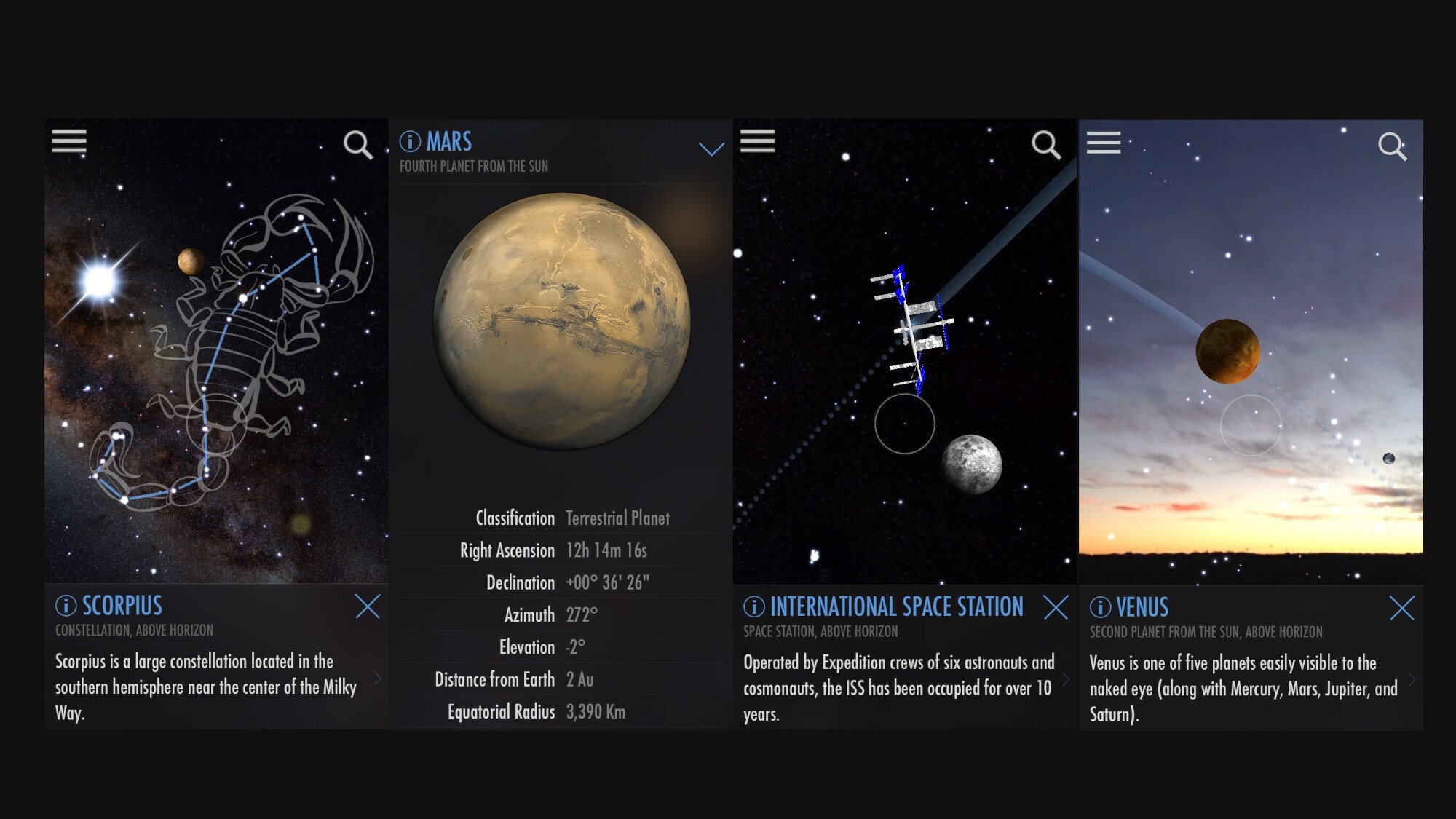 Fotomontage von vier Screenshots der AR-App SkyView Lite. Fotomontage von vier Screenshots der AR-App SkyView Lite.