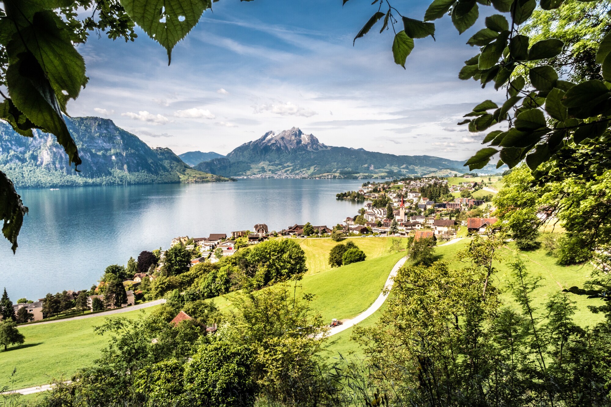 Der Vierwaldstättersee mit Ortschaft, umgeben von Grünflächen, im Hintergrund Bergpanorama. Der Vierwaldstättersee mit Ortschaft, umgeben von Grünflächen, im Hintergrund Bergpanorama.