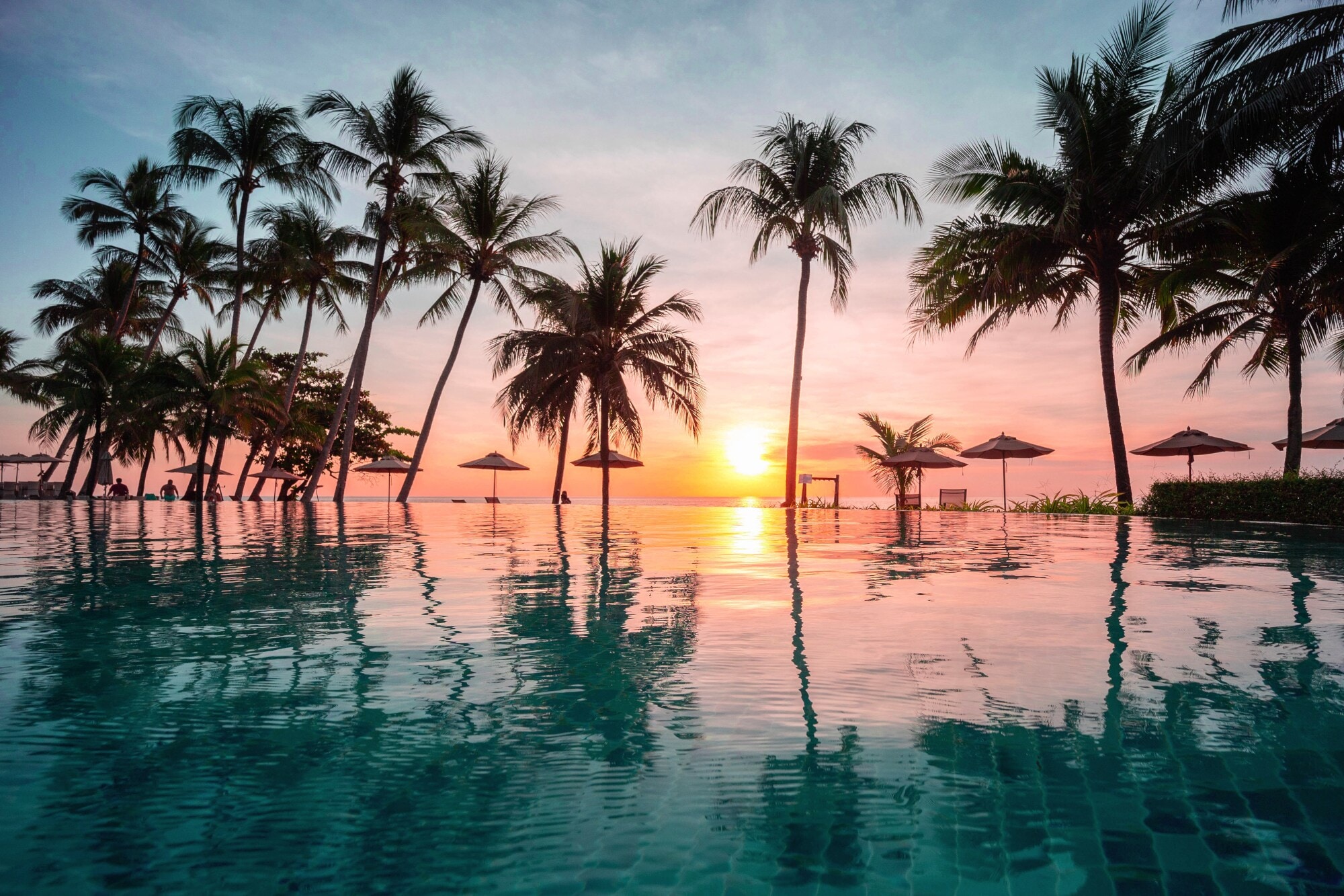 Palmengesäumter Infinity-Pool in einer Hotelanlage am Meer bei Sonnenuntergang. Palmengesäumter Infinity-Pool in einer Hotelanlage am Meer bei Sonnenuntergang.