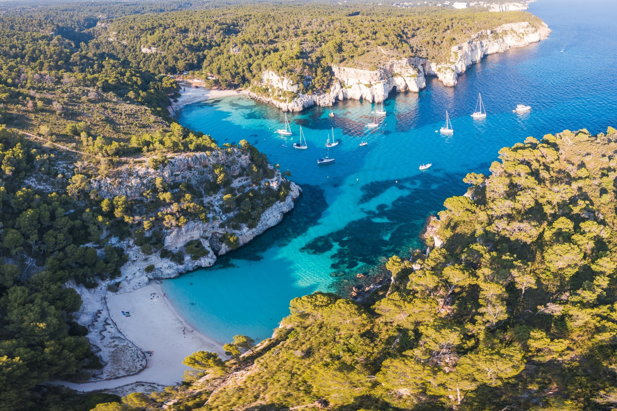 Luftaufnahme eines Küstenabschnitts von Menorca mit Badebuchten, Waldlandschaft und Booten.