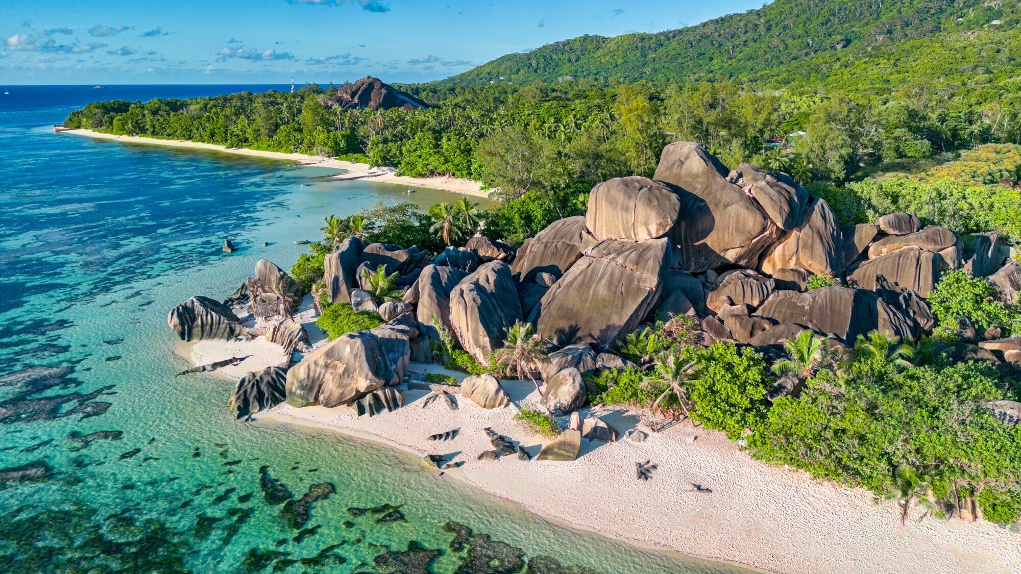 Luftaufnahme der Küste und Strand der Seychelleninsel La Digue Luftaufnahme der Küste und Strand der Seychelleninsel La Digue