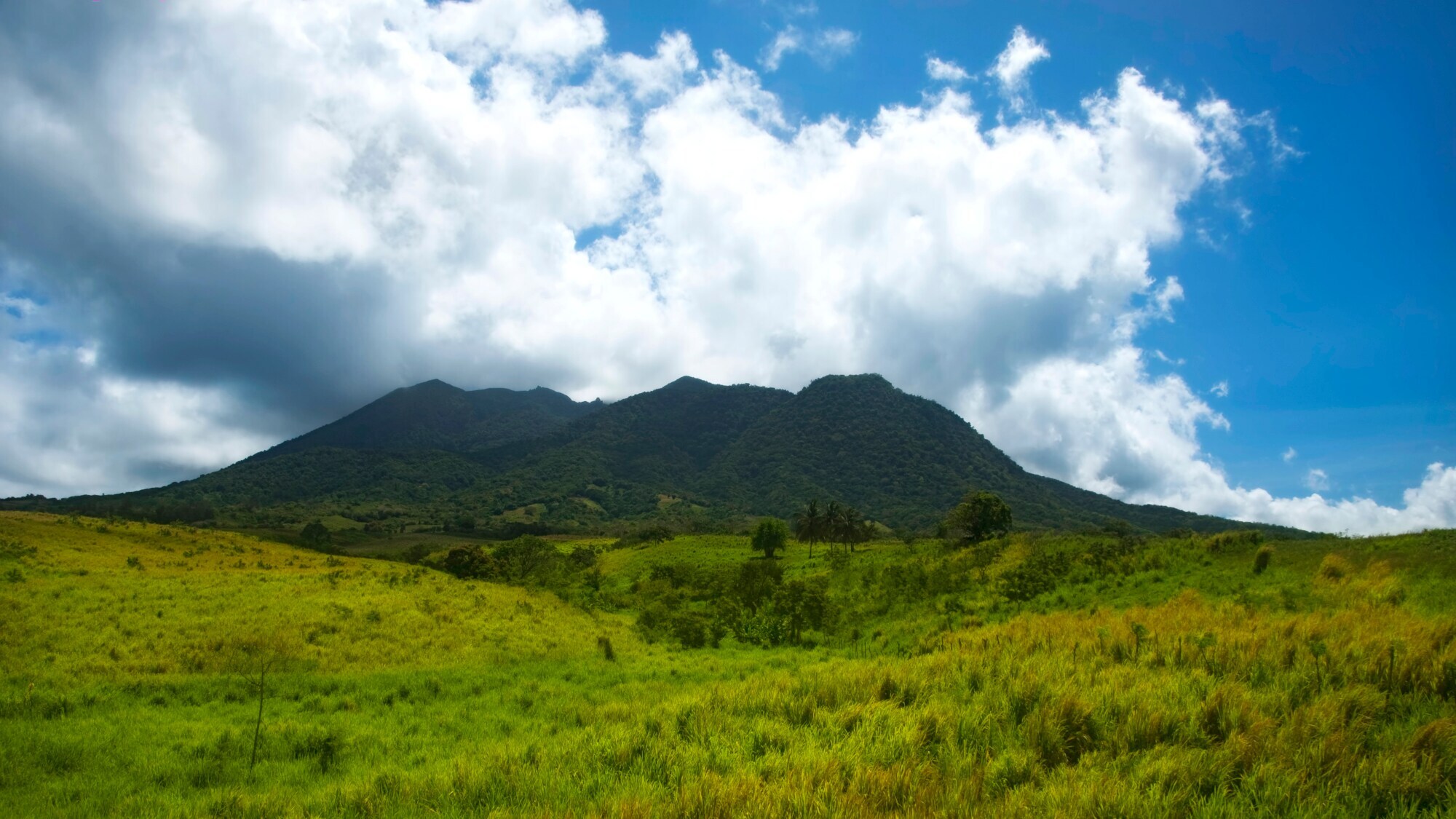 Wolkenverhangener Gipfel des Mount Liamuiga vor grüner Landschaft.