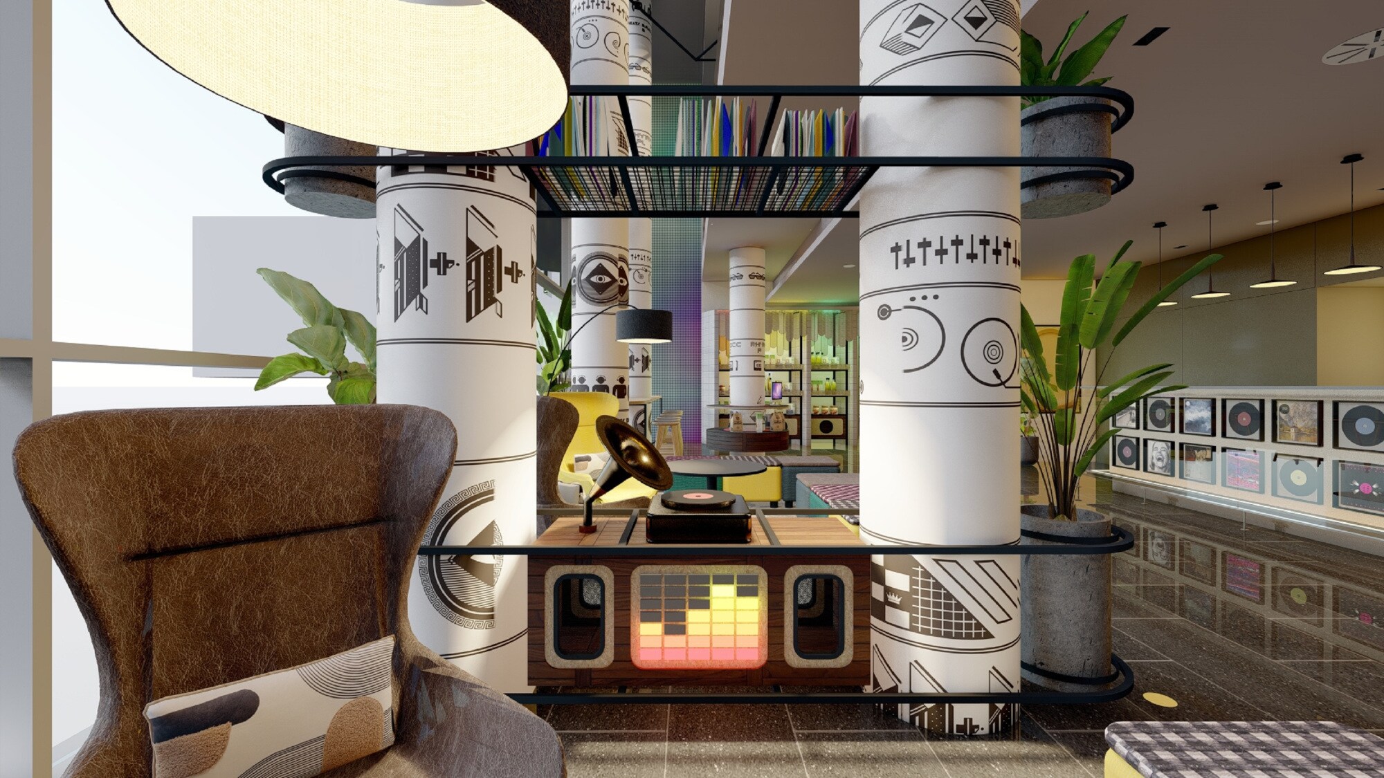 Lobby des Avani Frankfurt City Hotels mit verschiedenen musikalisch angehauchten Dekorationen wie Plattencovern, Grammophon und Turntables.