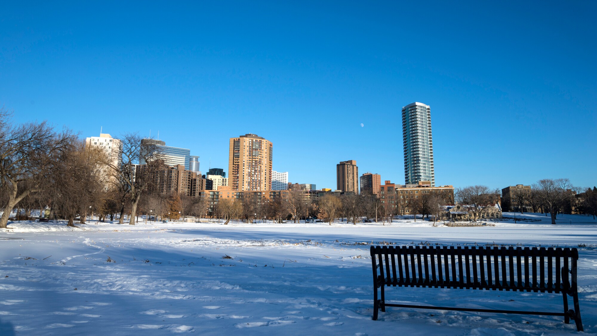 Eine Sitzbank in einem Park in Minneapolis im Winter. Im Hintergrund die Skyline der Stadt bei Sonnenschein.