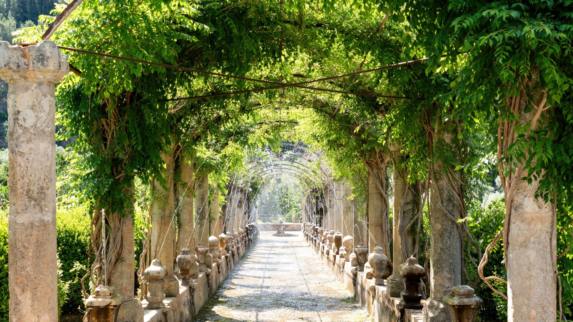Säulengang mit Fontänen im Freien, der mit Pflanzen überwachsen ist. Säulengang mit Fontänen im Freien, der mit Pflanzen überwachsen ist.