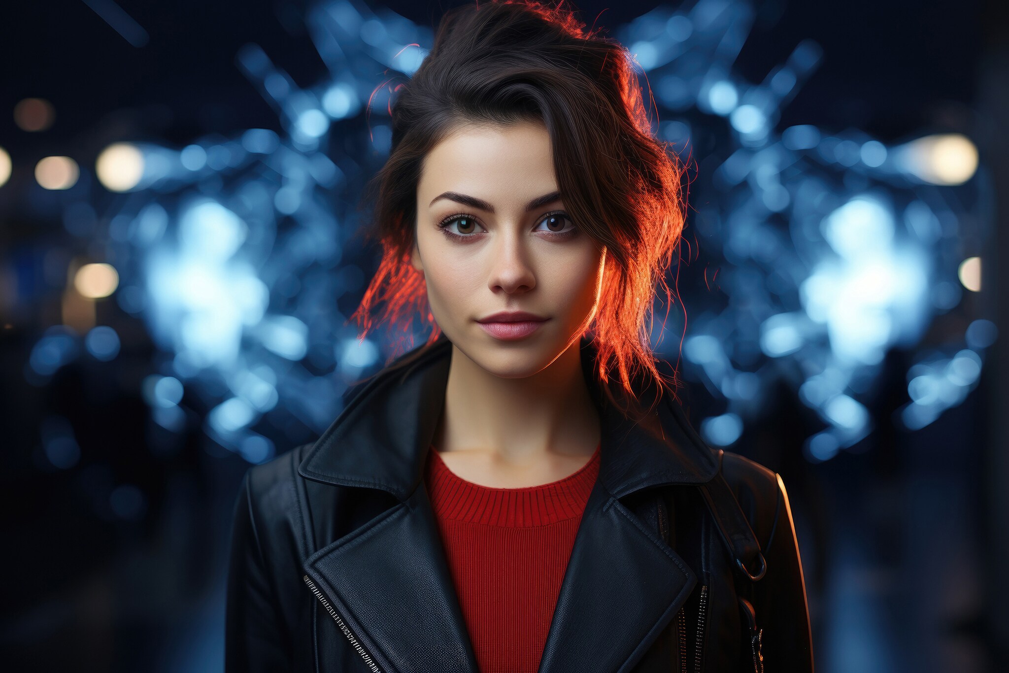 Eine junge Frau steht vor blau-schwarzem Hintergrund. Das Bild ist KI-generiert.
