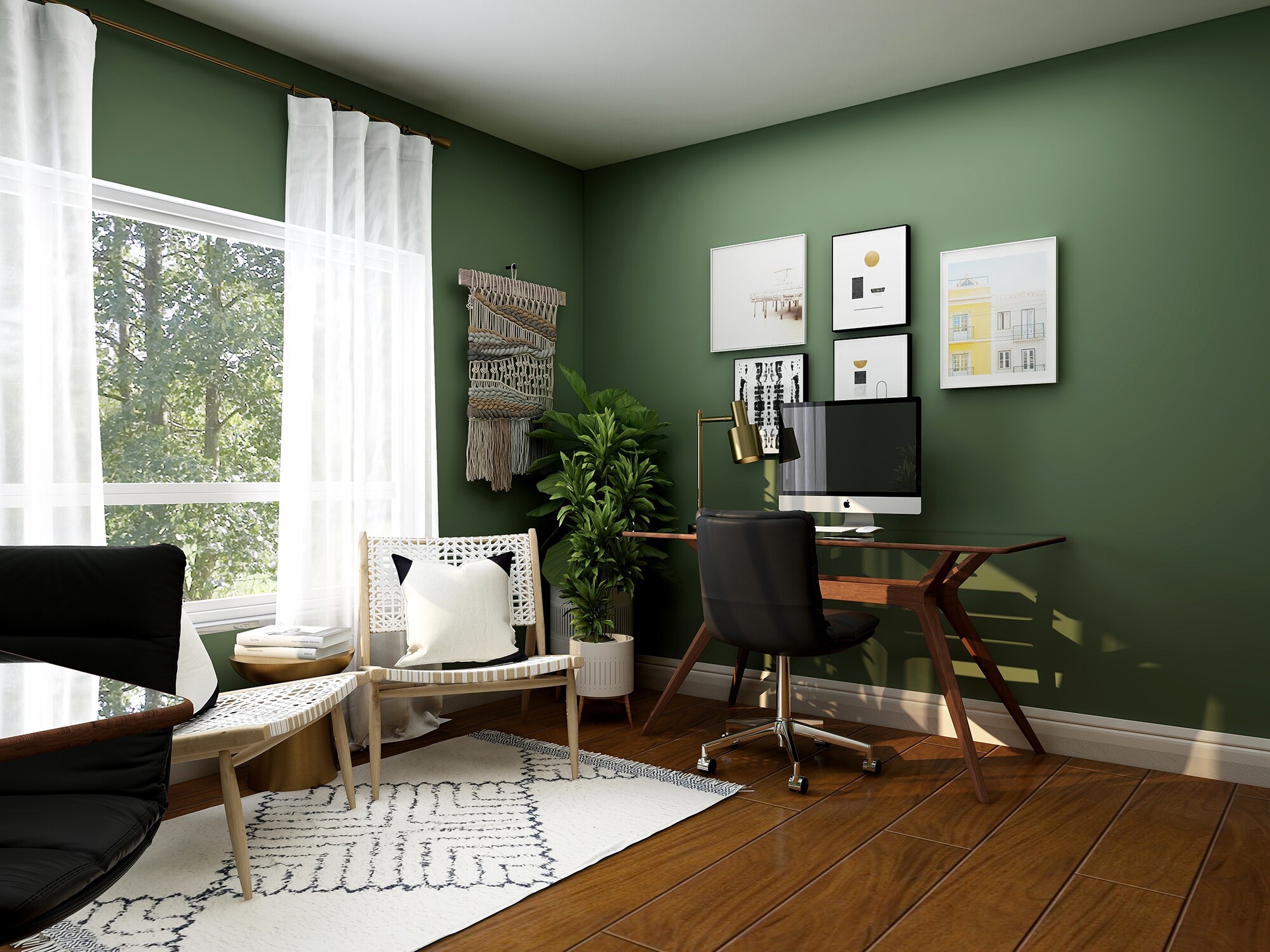 Dein Homeoffice-Set-up: So arbeitest du produktiv von zu Hause Das Foto zeigt ein geschmackvoll eingerichtetes Home-Office mit grün gestrichenen Wänden.