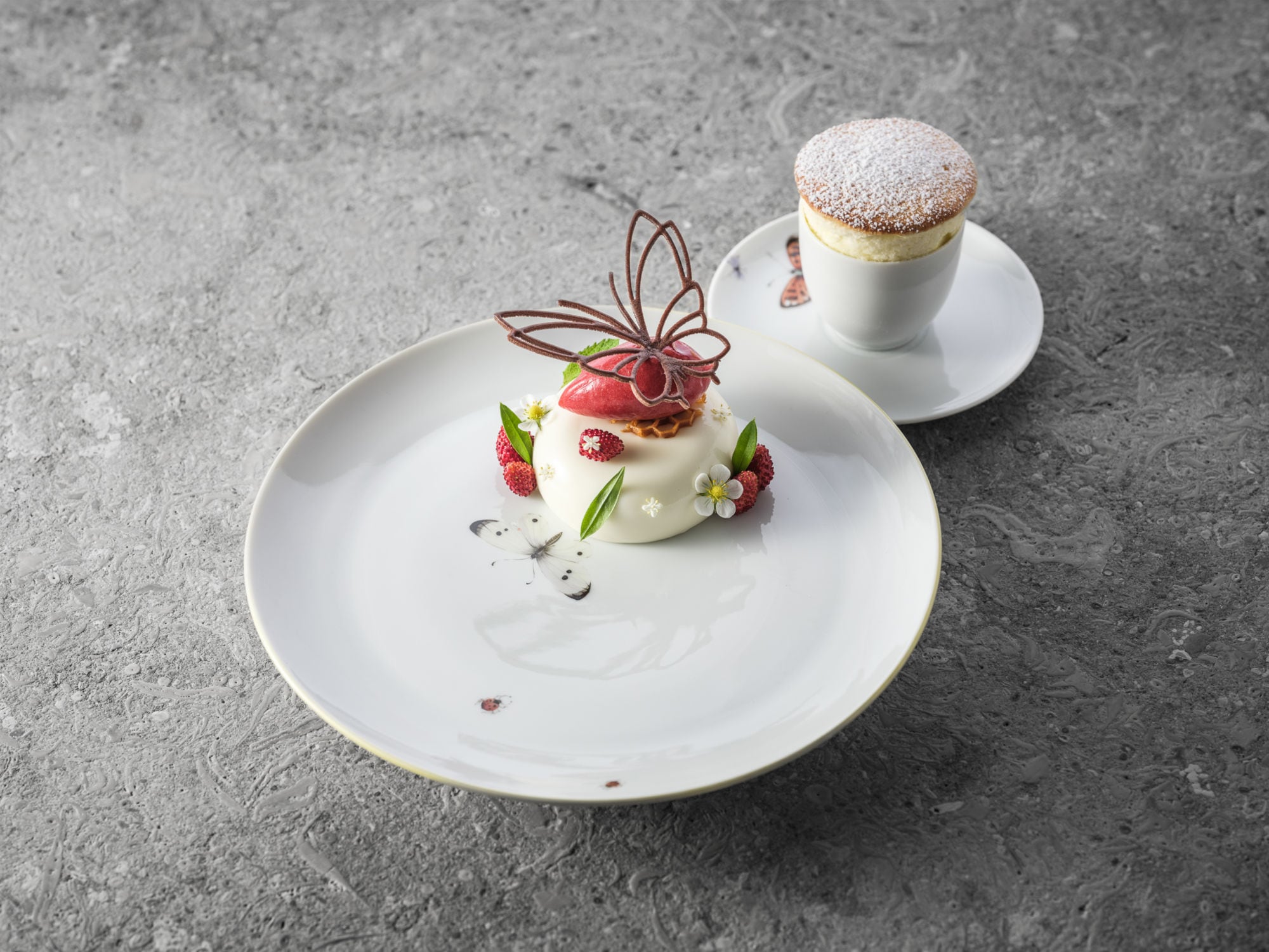 Stillleben zweier reduzierten, kunstvoll angerichteten Süßspeisen auf schlichten weißen Tellern auf anthrazitfarbenem Untergrund. Stillleben zweier reduzierten, kunstvoll angerichteten Süßspeisen auf schlichten weißen Tellern auf anthrazitfarbenem Untergrund.