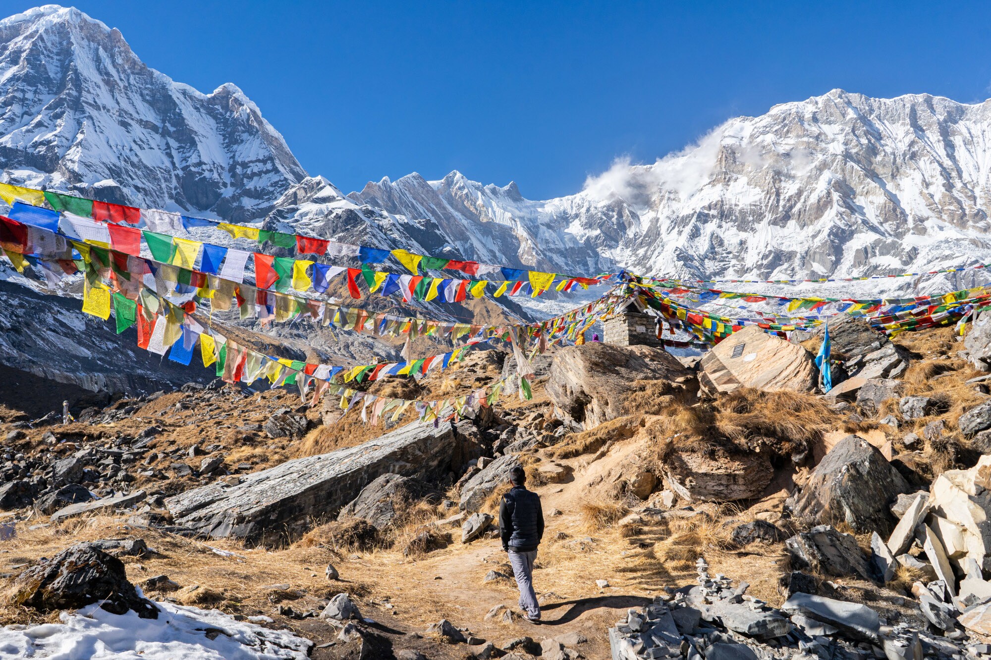 Rückansicht eines Mannes in einer schroffen Gebirgslandschaft, umgeben von bunten tibetischen Gebetsfahnen. Rückansicht eines Mannes in einer schroffen Gebirgslandschaft, umgeben von bunten tibetischen Gebetsfahnen.