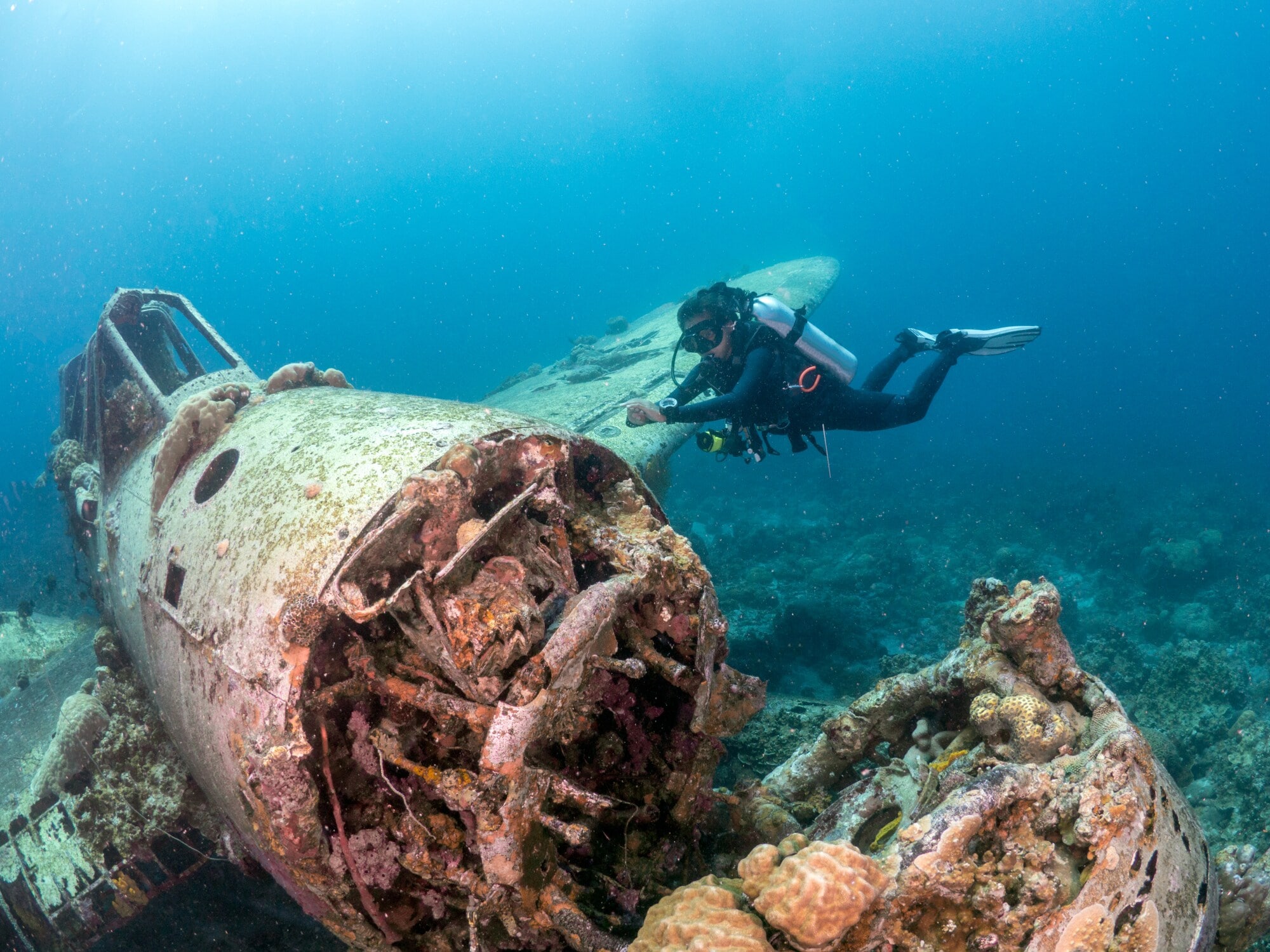 Eine Taucherin an einem Flugzeugwrack unter Wasser. Eine Taucherin an einem Flugzeugwrack unter Wasser.