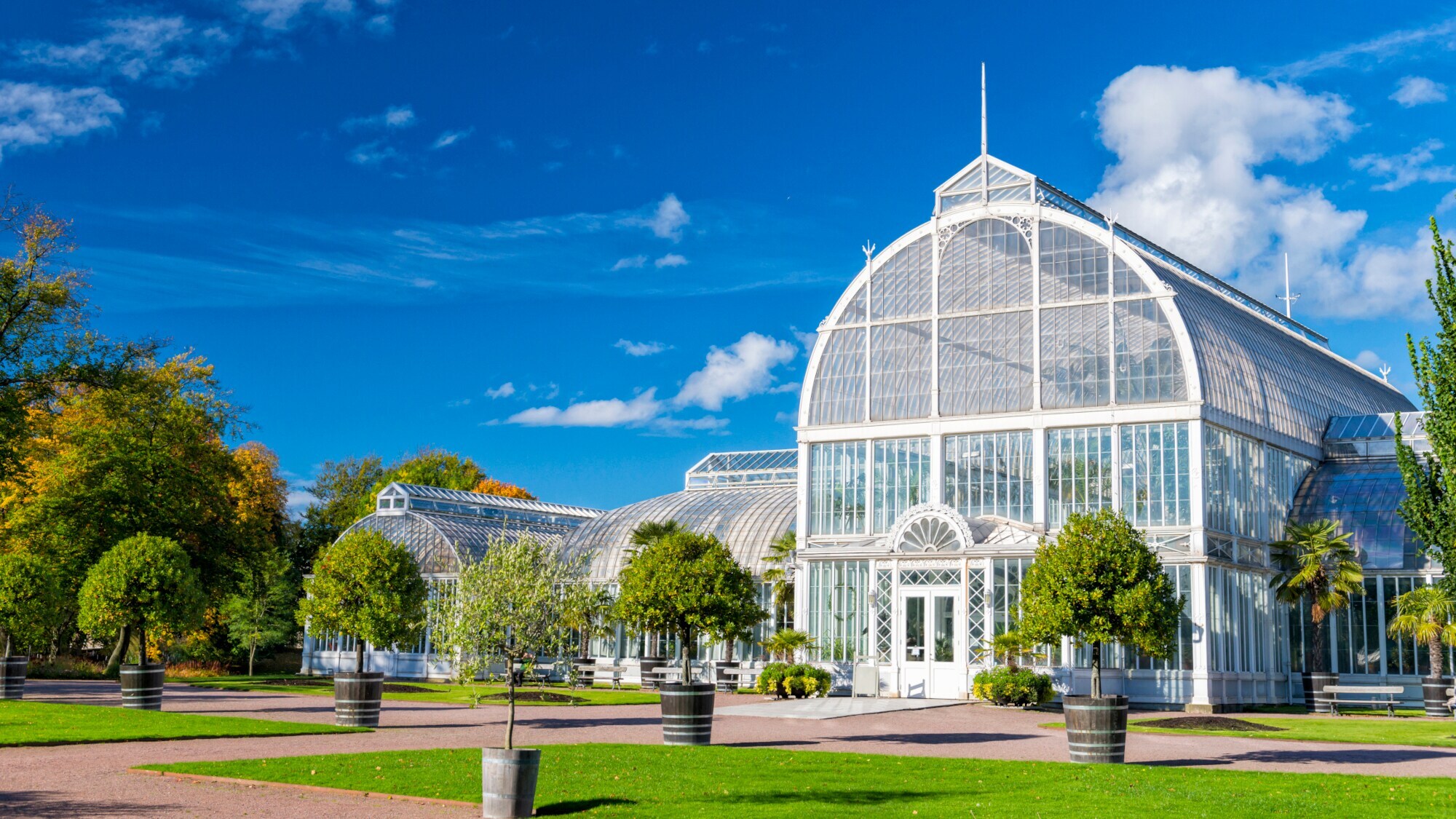 Parkanlage in Göteborg mit weißem Gewächsaus, vor dem ein paar Sträucher in großen Pflanztöpfen arrangiert sind. Parkanlage in Göteborg mit weißem Gewächsaus, vor dem ein paar Sträucher in großen Pflanztöpfen arrangiert sind.