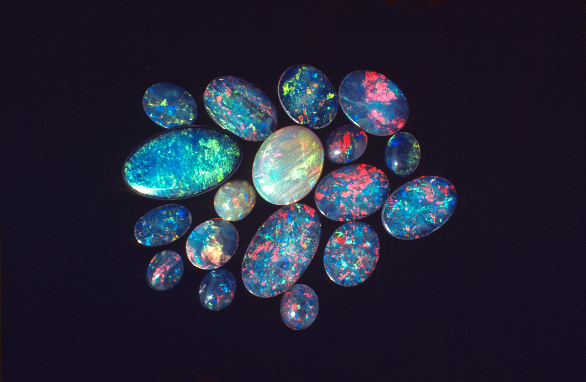 Aufsicht mehrerer blauschimmernder Opale auf schwarzem Untergrund.