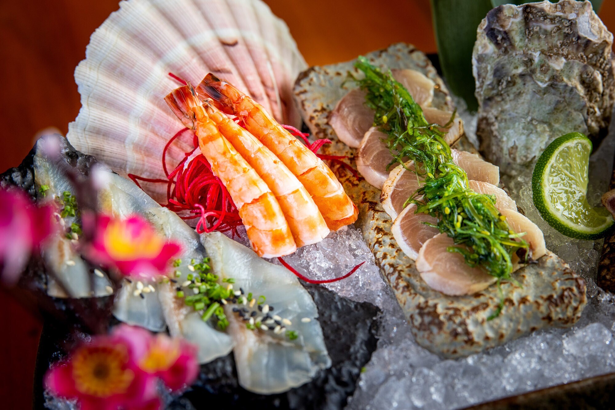 Sashimi Sushi und Scampi, kunstvoll angerichtet auf Eis.