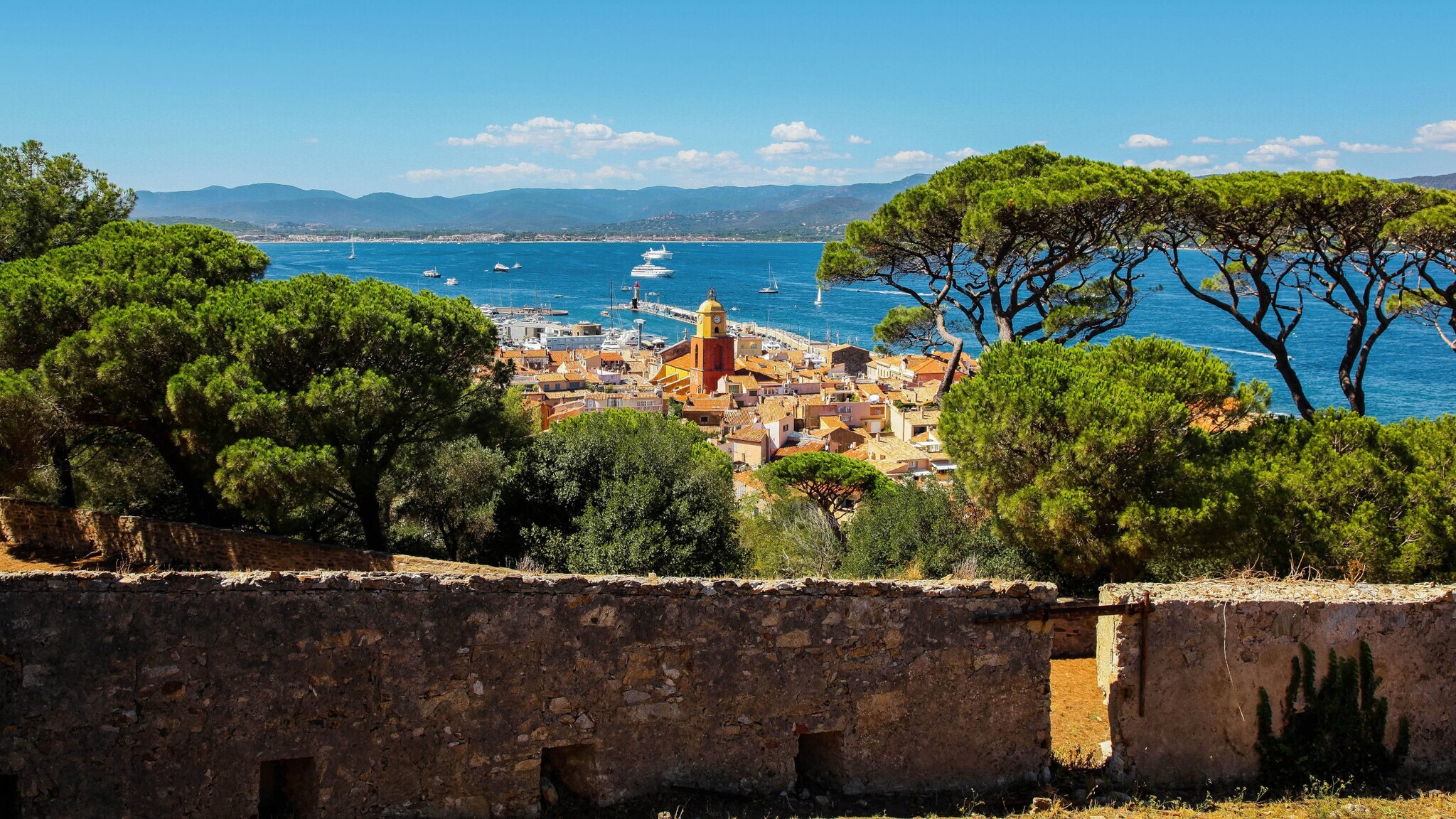 Panoramablick über Saint-Tropez am blauen Meer, im Vordergrund Steinmauer vor Pinien. Panoramablick über Saint-Tropez am blauen Meer, im Vordergrund Steinmauer vor Pinien.