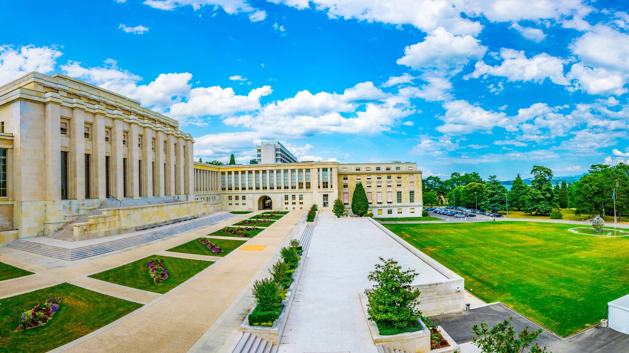 Außenaufnahme des Palastes der UNO in Genf.