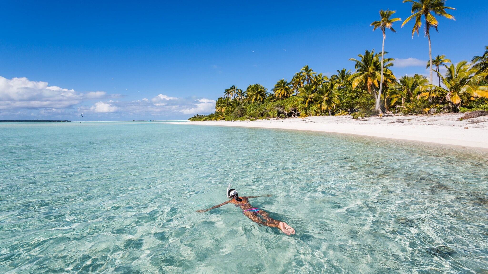 Eine Schnorchlerin im klaren Wasser vor einem palmengesäumten Sandstrand unter blauem Himmel.