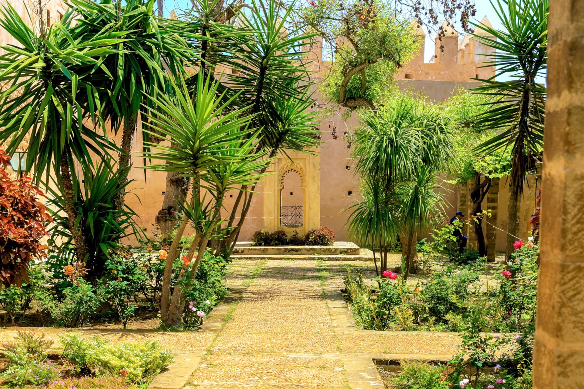 Kleiner Garten mit Palmen im maurischen Stil.