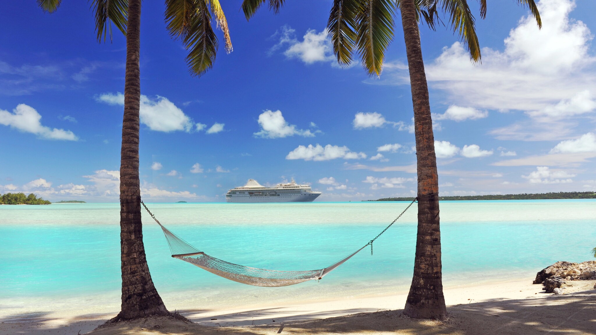 Ein Kreuzfahrtschiff auf türkisblauem Meer, umrahmt von zwei Palmen mit Hängematte an einem Sandstrand im Vordergrund. Ein Kreuzfahrtschiff auf türkisblauem Meer, umrahmt von zwei Palmen mit Hängematte an einem Sandstrand im Vordergrund.