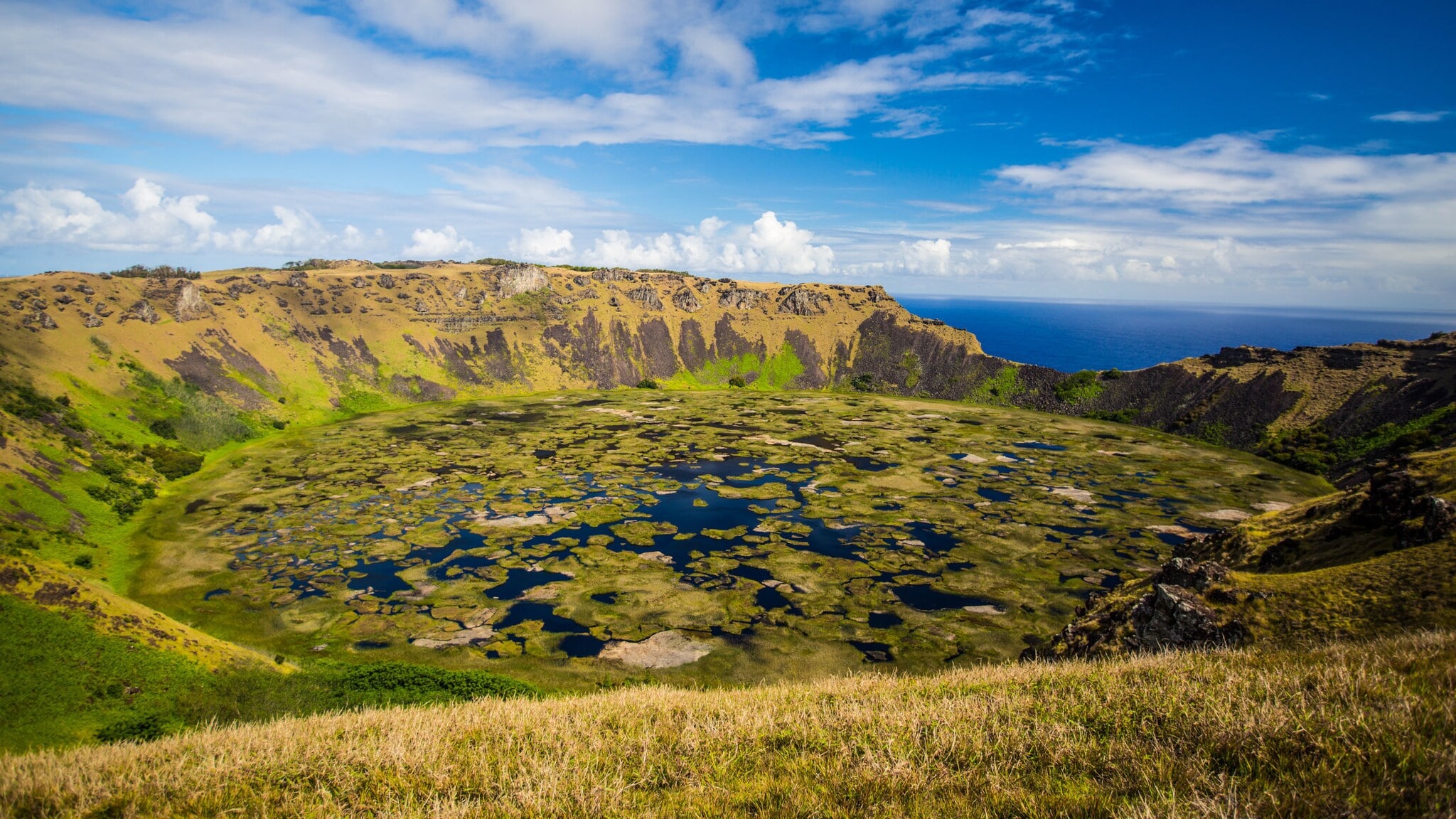 Bewachsener Vulkankrater mit Kratersee auf der Osterinsel.