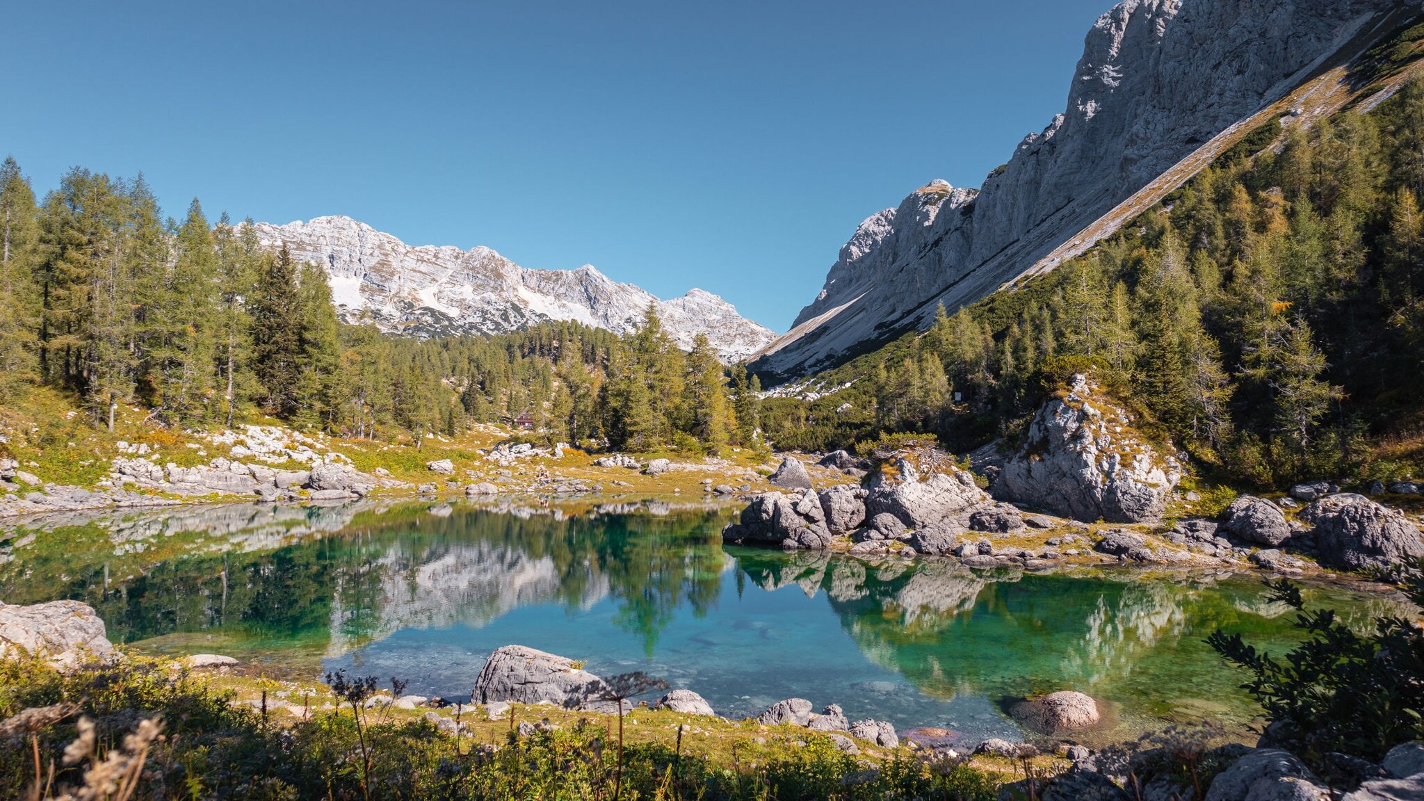 See mit Vegetation und Gipfeln im Hintergrund im Nationalpark Triglav in Slowenien. See mit Vegetation und Gipfeln im Hintergrund im Nationalpark Triglav in Slowenien.