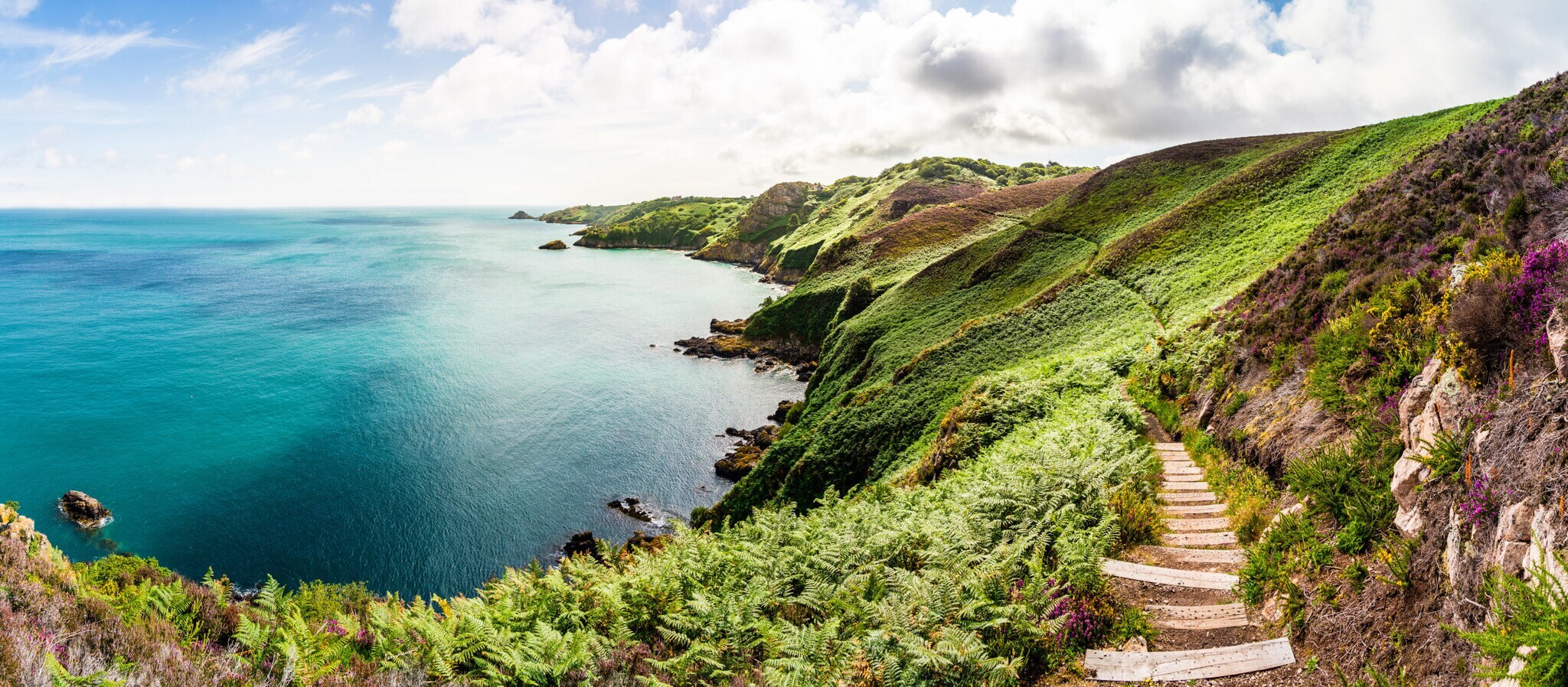 Schmaler Wanderweg entlang einer Felsküste, bedeckt mit grünen Farnen, am türkisblauen Meer. Schmaler Wanderweg entlang einer Felsküste, bedeckt mit grünen Farnen, am türkisblauen Meer.
