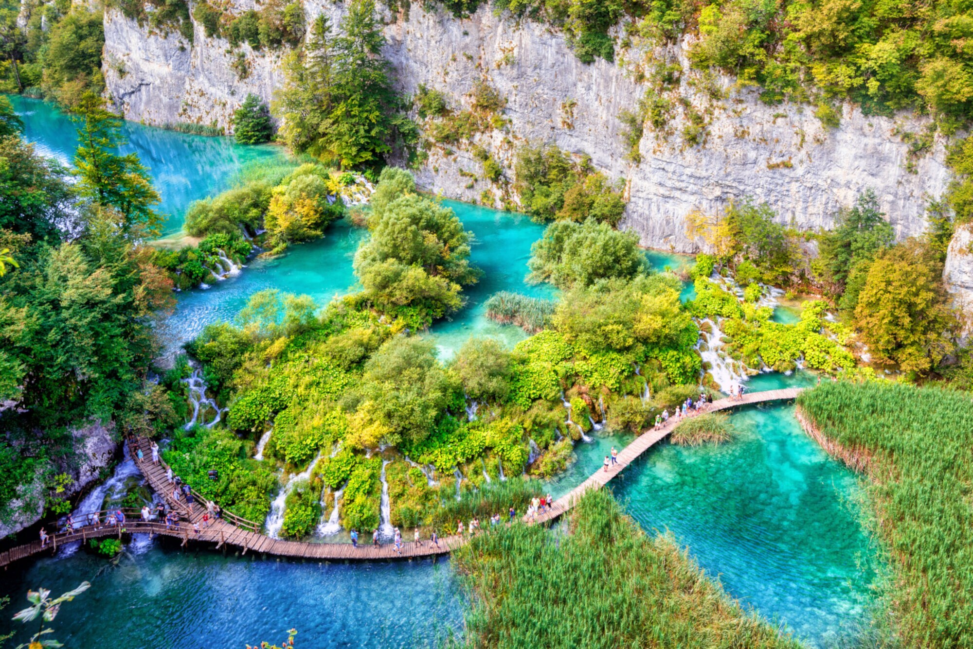 Blick von oben auf einen türkisblauen See, durch den ein Holzsteg führt und der von Bäumen und Felsen umgeben ist.