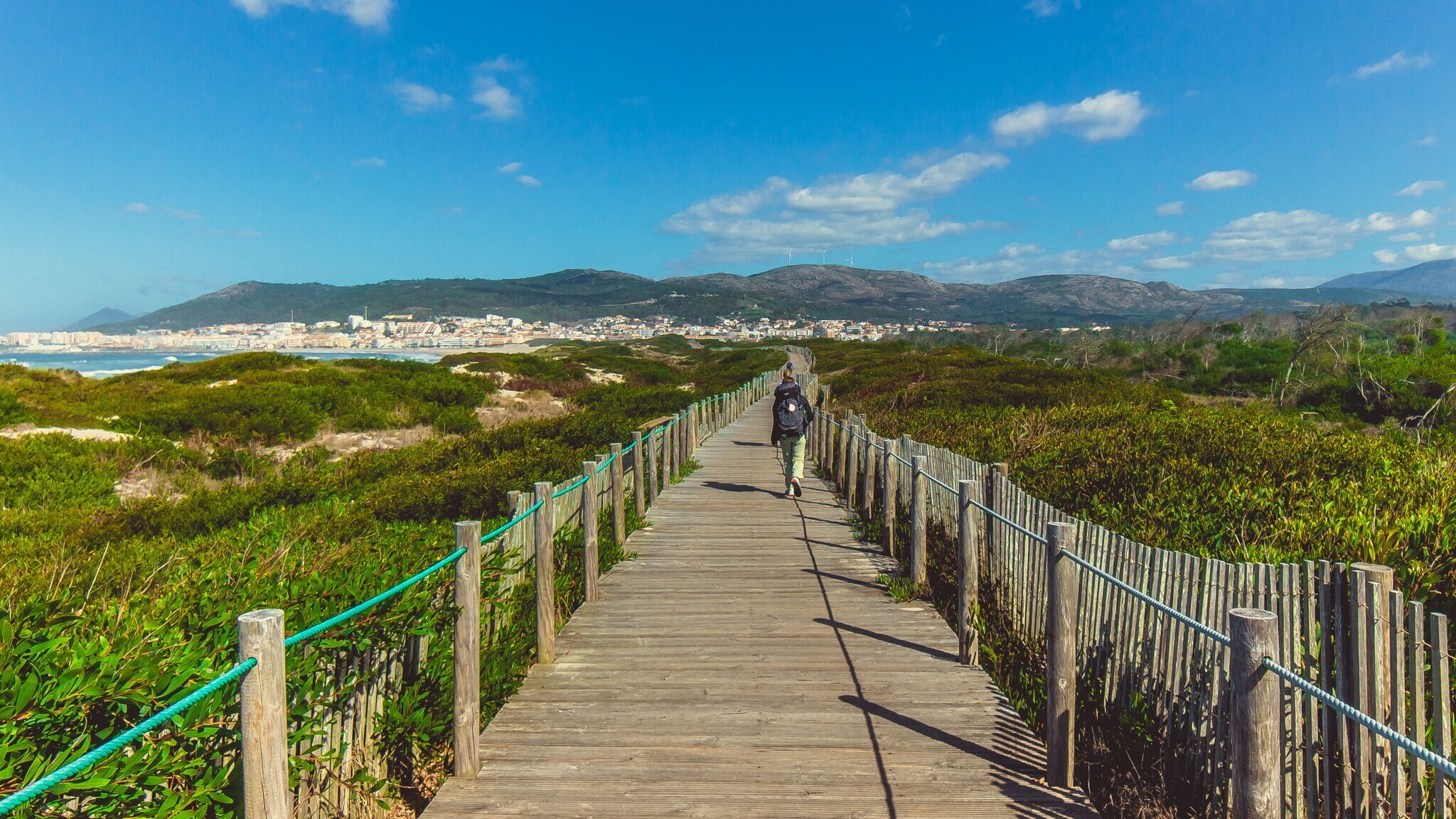 Eine unkenntliche Person beim Wandern in Portugal auf einem Holzsteg, der in Küstennähe über grüne Vegetation führt. Eine unkenntliche Person beim Wandern in Portugal auf einem Holzsteg, der in Küstennähe über grüne Vegetation führt.