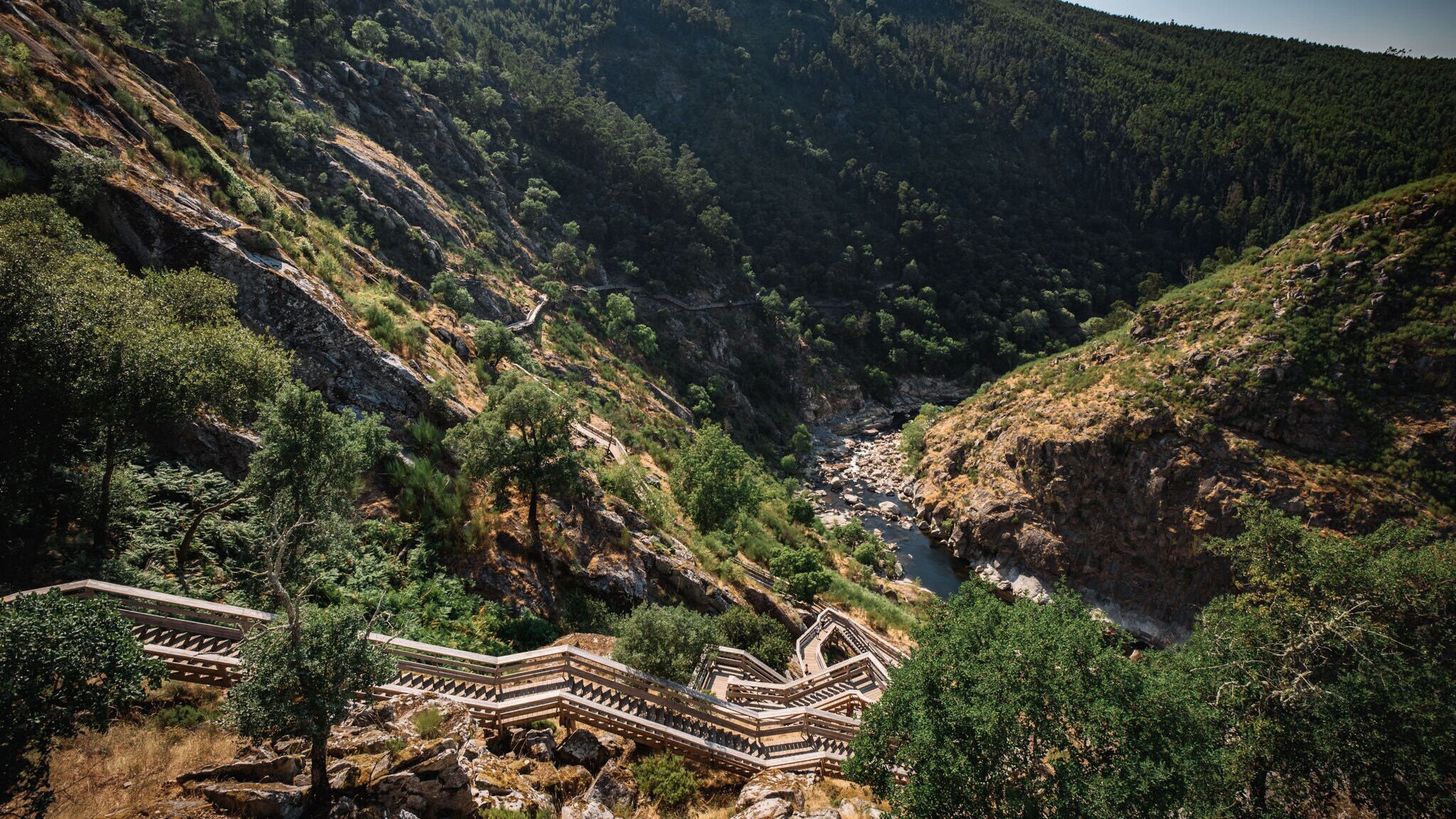 Holzstege, die durch steiles Gelände in der grünen Paiva-Schlucht in Portugal führen. Holzstege, die durch steiles Gelände in der grünen Paiva-Schlucht in Portugal führen.