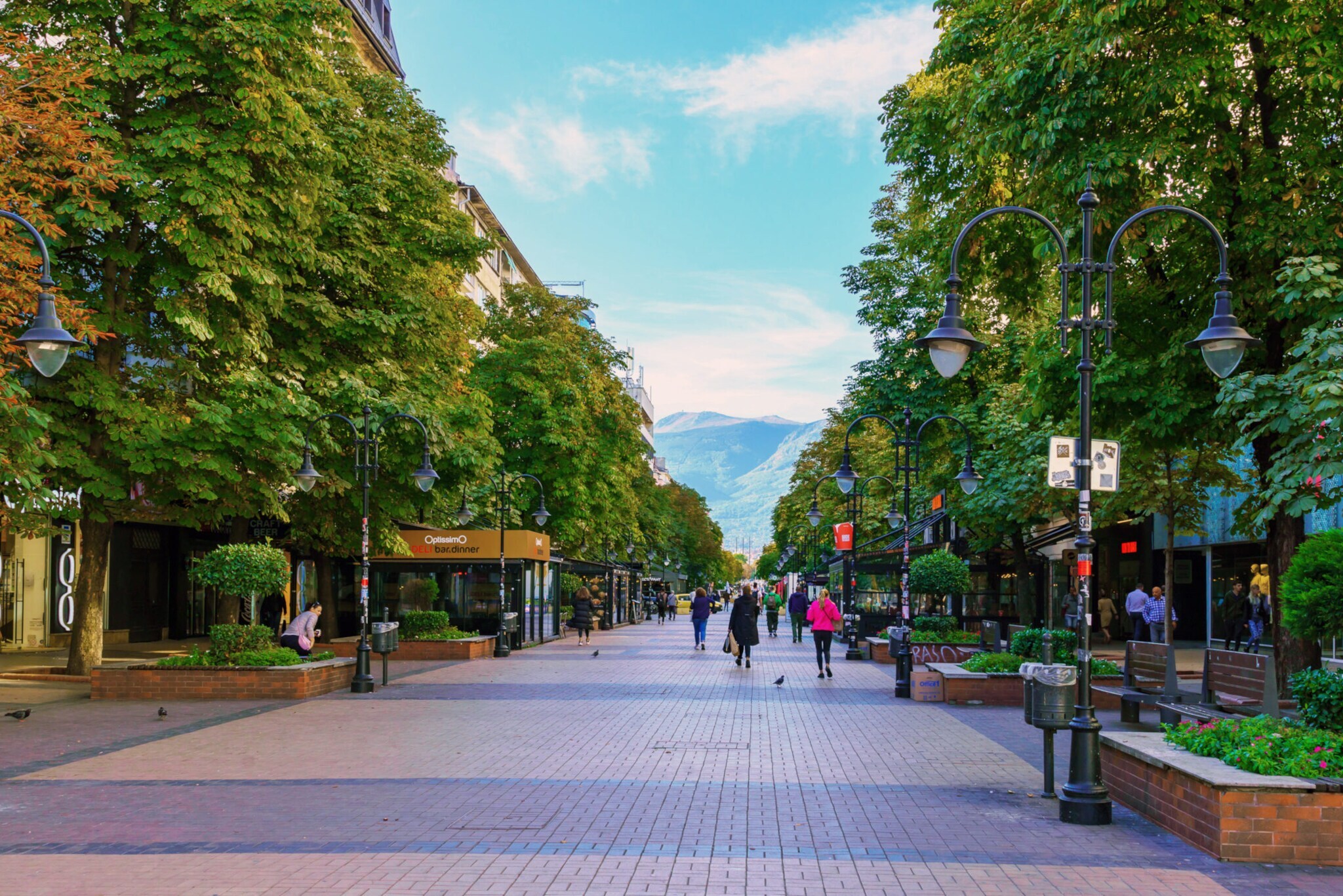 Personen in einer Fußgängerzone in einer Innenstadt mit grünen Bäumen, im Hintergrund Bergpanorama.