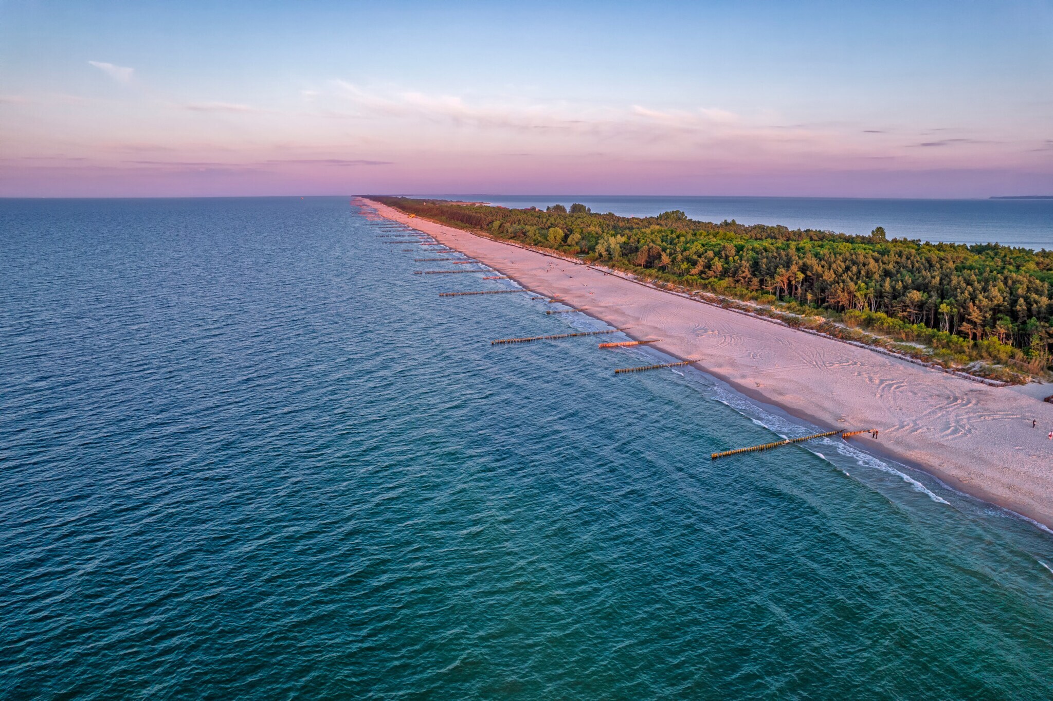 Schmale Landzunge mit Sandstrand und angrenzendem Wald der ruhigen Hel-Halbinsel.