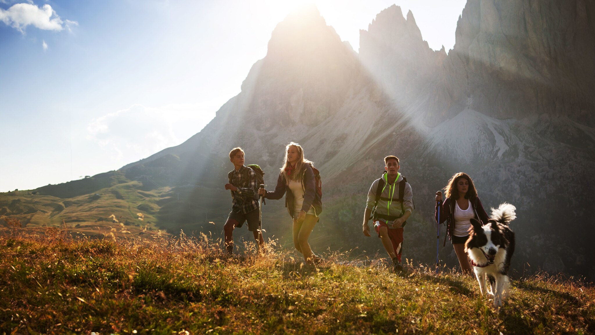Vier Personen wandern mit einem Border Collie auf einer Wiese in den Bergen vor spitzen Felsformationen bei Sonnenschein.