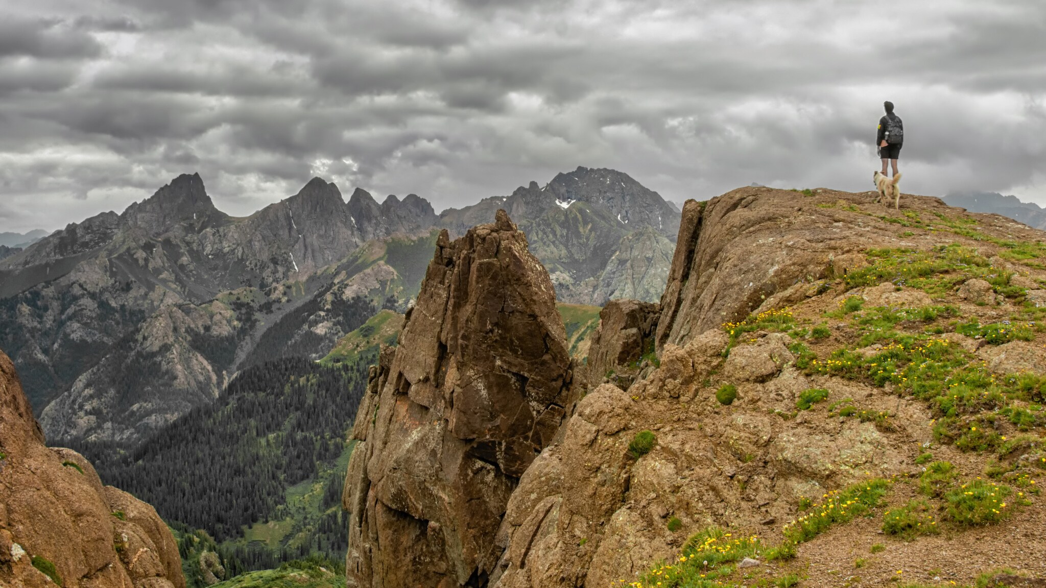 Wanderer steht auf einem felsigen Gipfel und blickt auf bewaldete Berge unter bewölktem Himmel