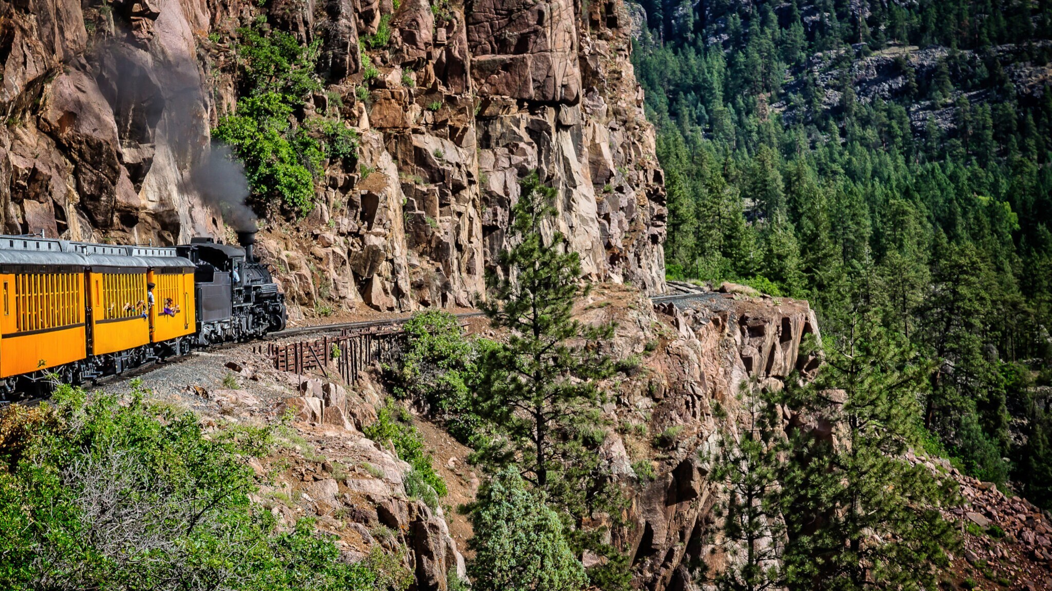Dampflokomotive mit gelben Waggons fährt auf einer Gebirgsbahn entlang steiler Felswände und grüner Wälder