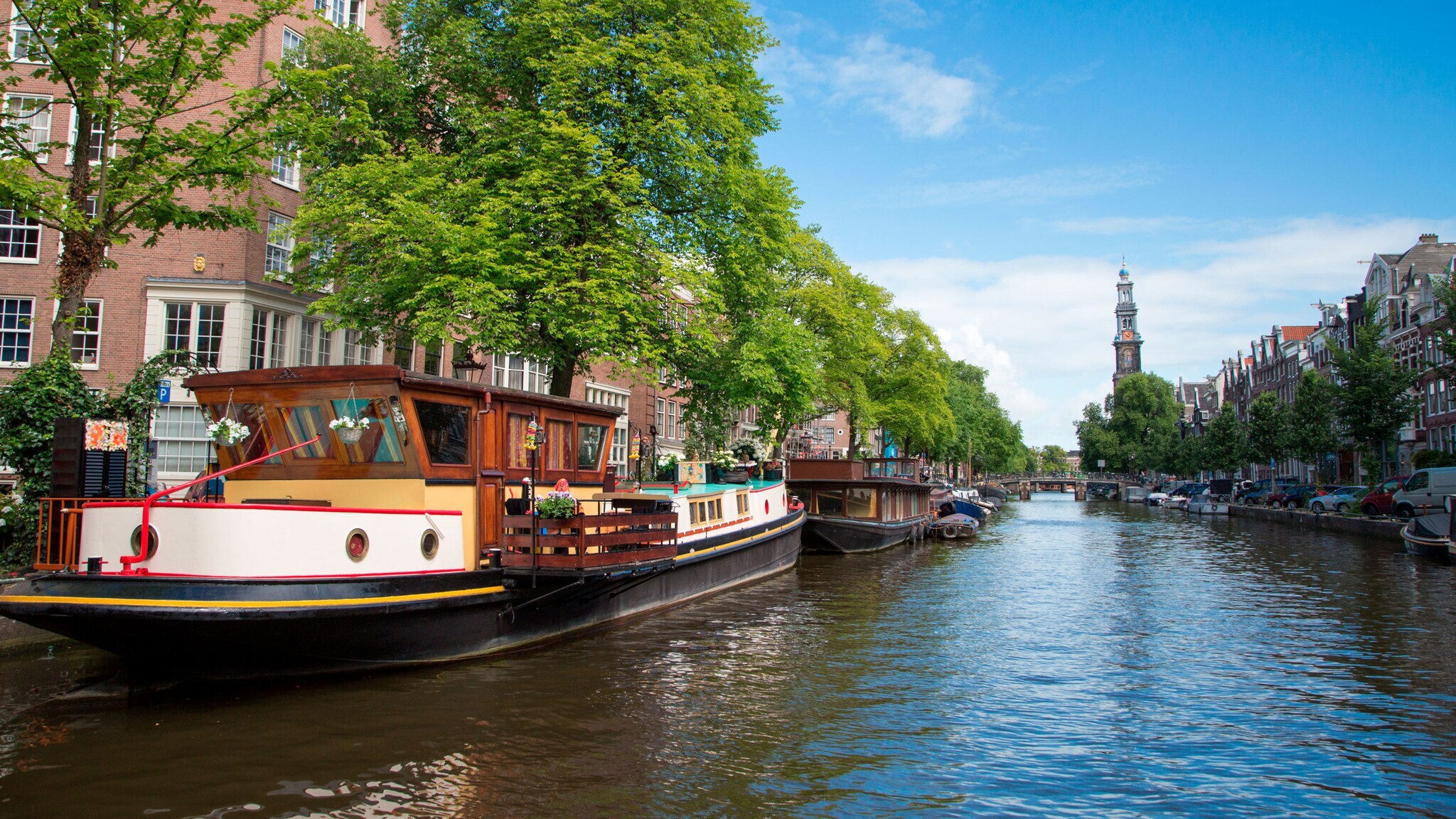 Angedockte Hausboote am Rand eines Kanals in Amsterdam.