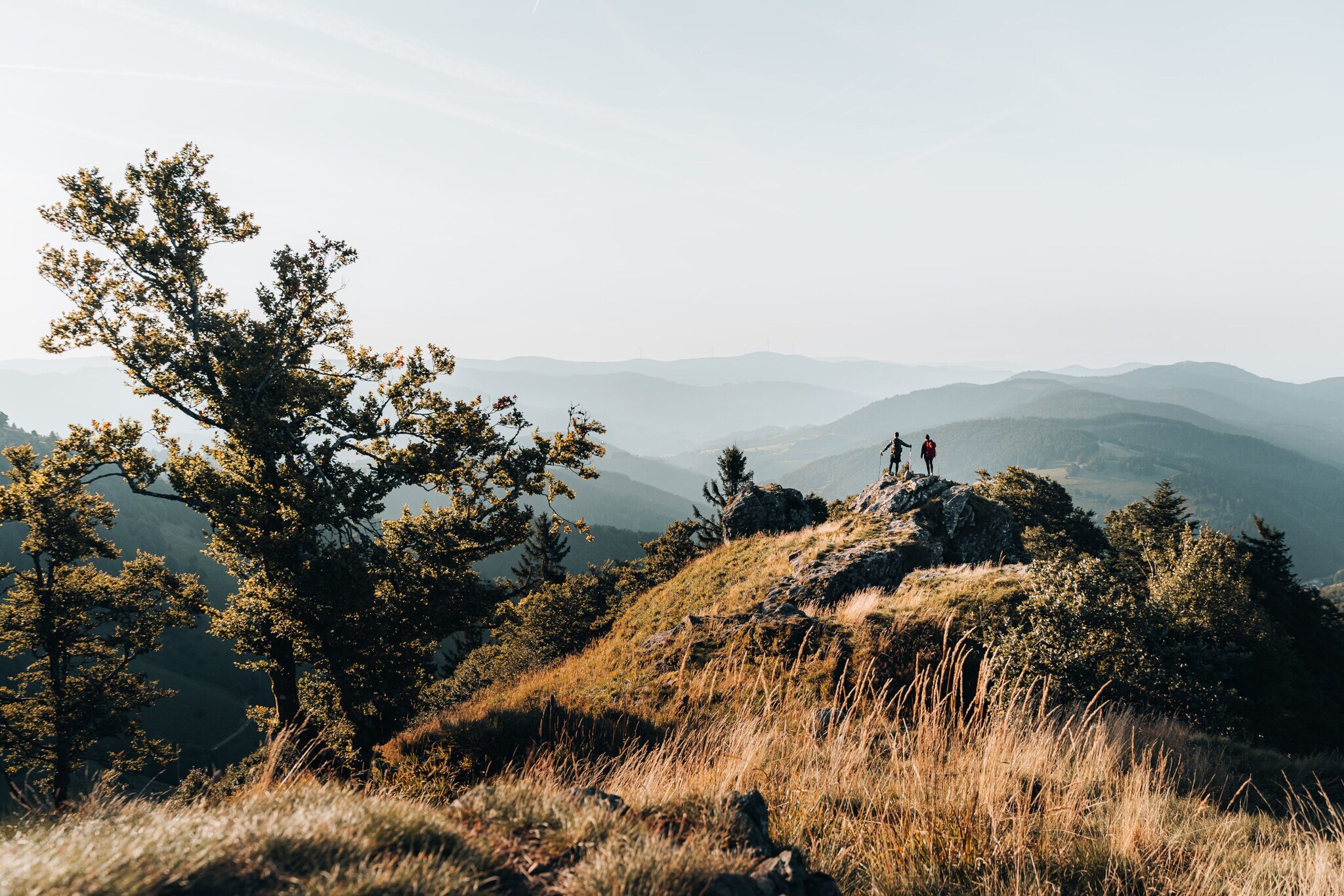 Zwei Personen stehen auf einem Felsen, im Hintergrund Gipfel im Schwarzwald. Zwei Personen stehen auf einem Felsen, im Hintergrund Gipfel im Schwarzwald.