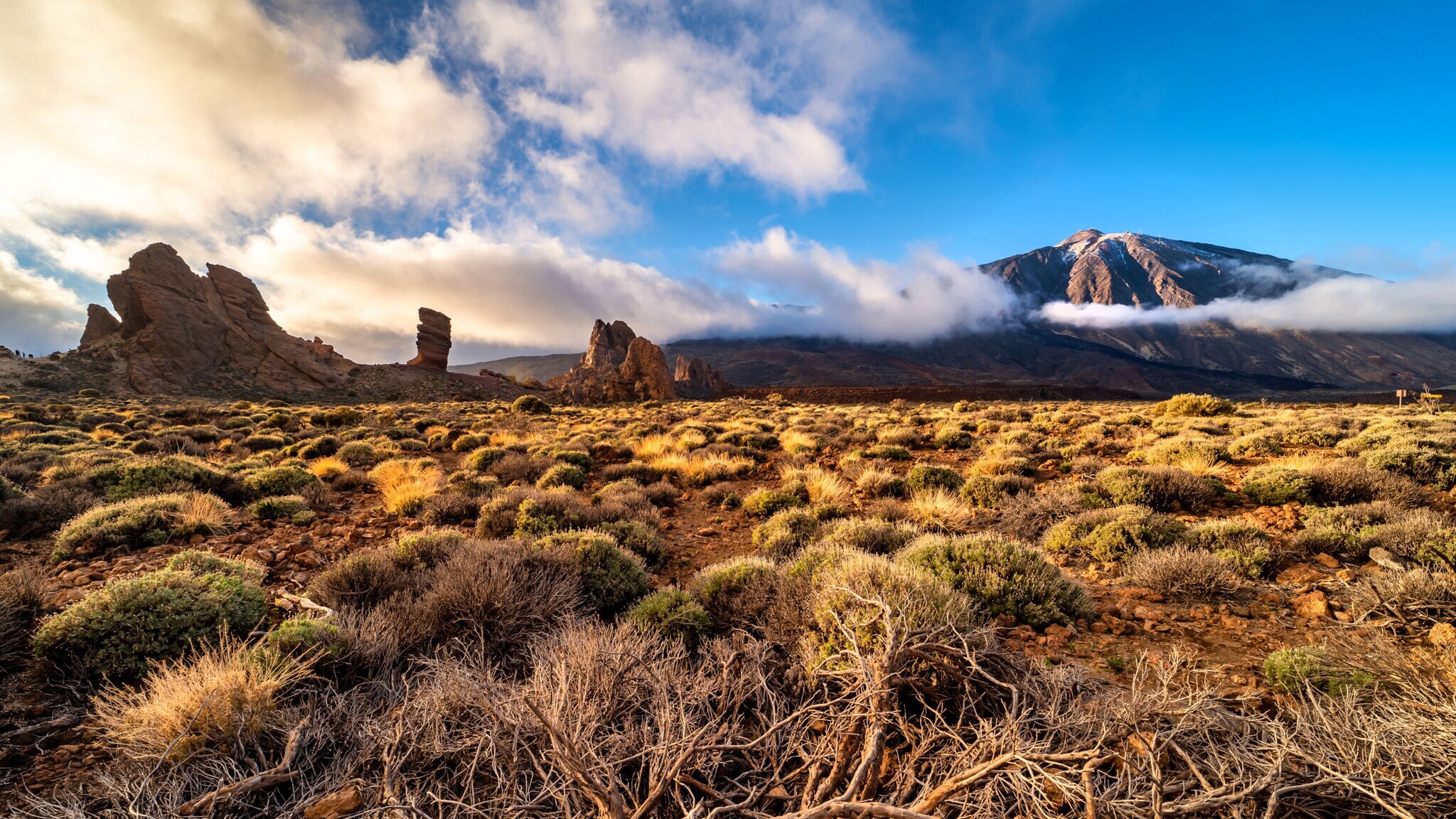 Weite Landschaft mit trockenen Sträuchern, markanten Felsformationen und einem Berg im Hintergrund unter blauem Himmel mit Wolken